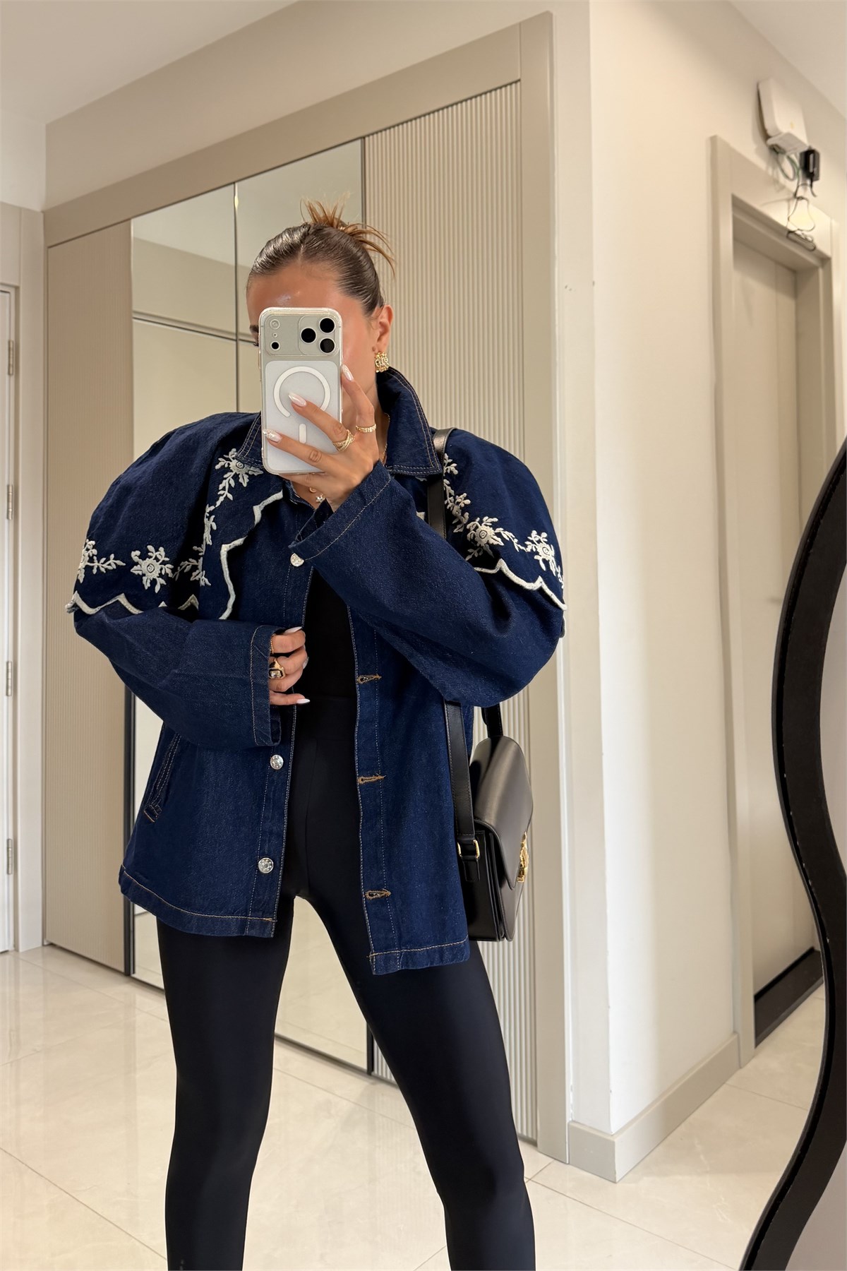 Veyora Darkblue Nakış Pelerinli Denim Ceket