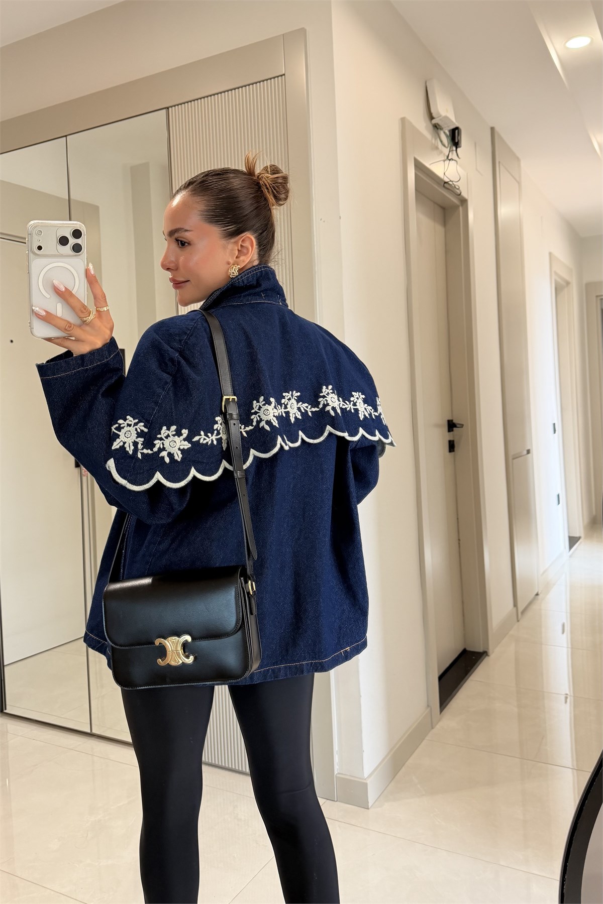 Veyora Darkblue Nakış Pelerinli Denim Ceket