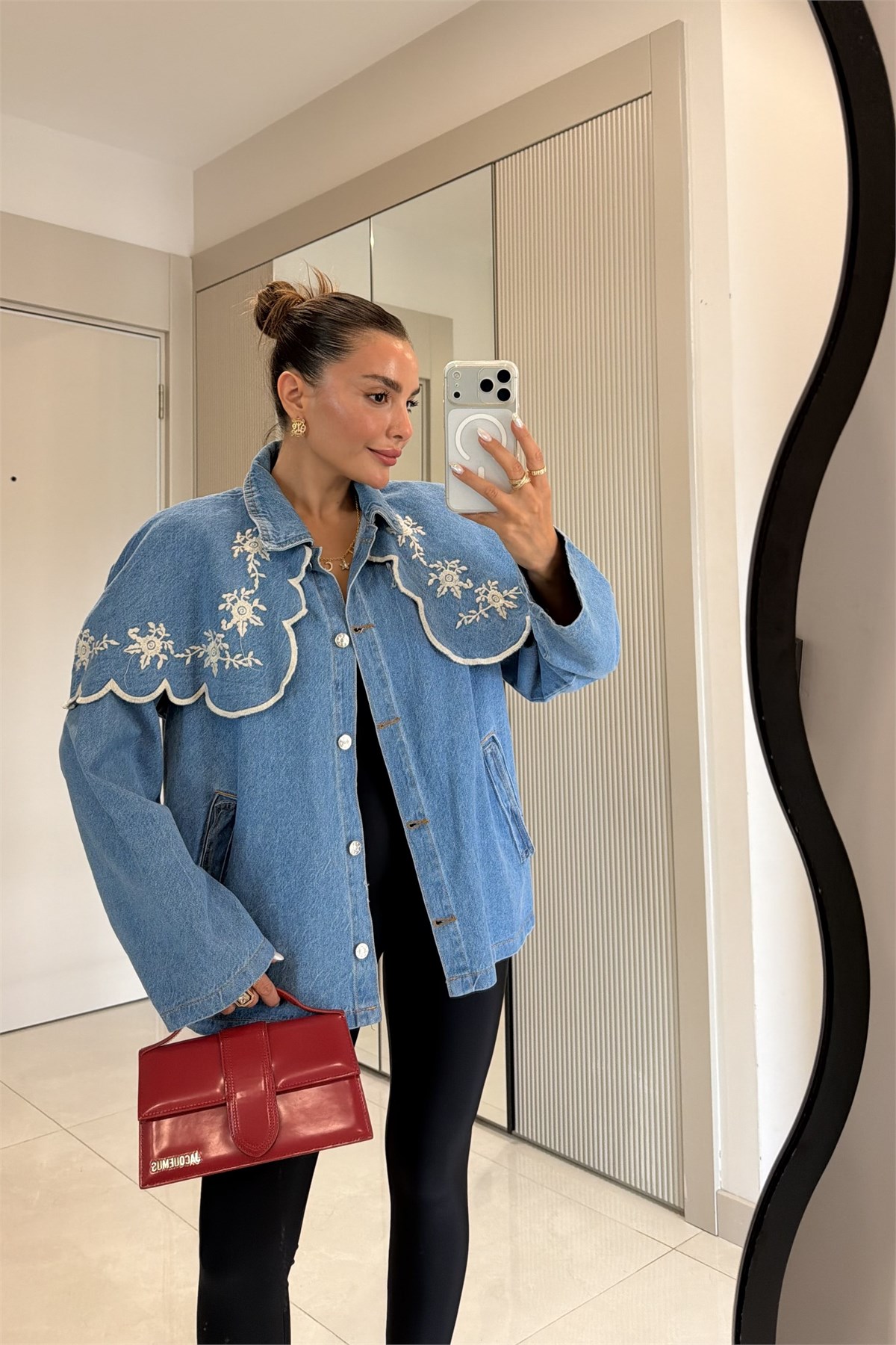 Veyora Midblue Nakış Pelerinli Denim Ceket
