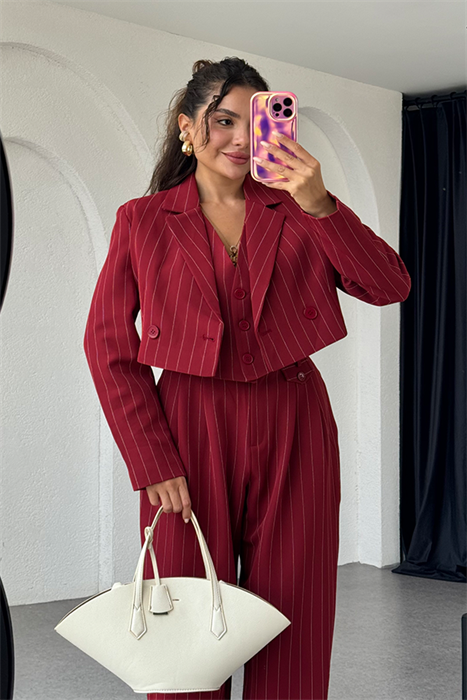 Viana bordo çizgili mini crop ceket