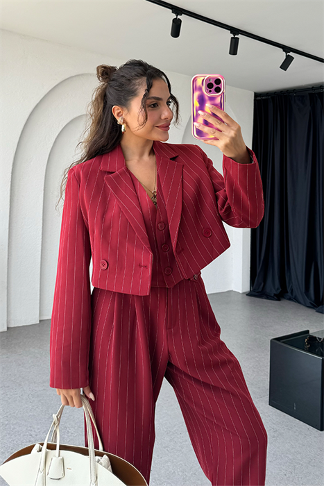 Viana bordo çizgili mini crop ceket