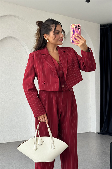 Viana bordo çizgili mini crop ceket