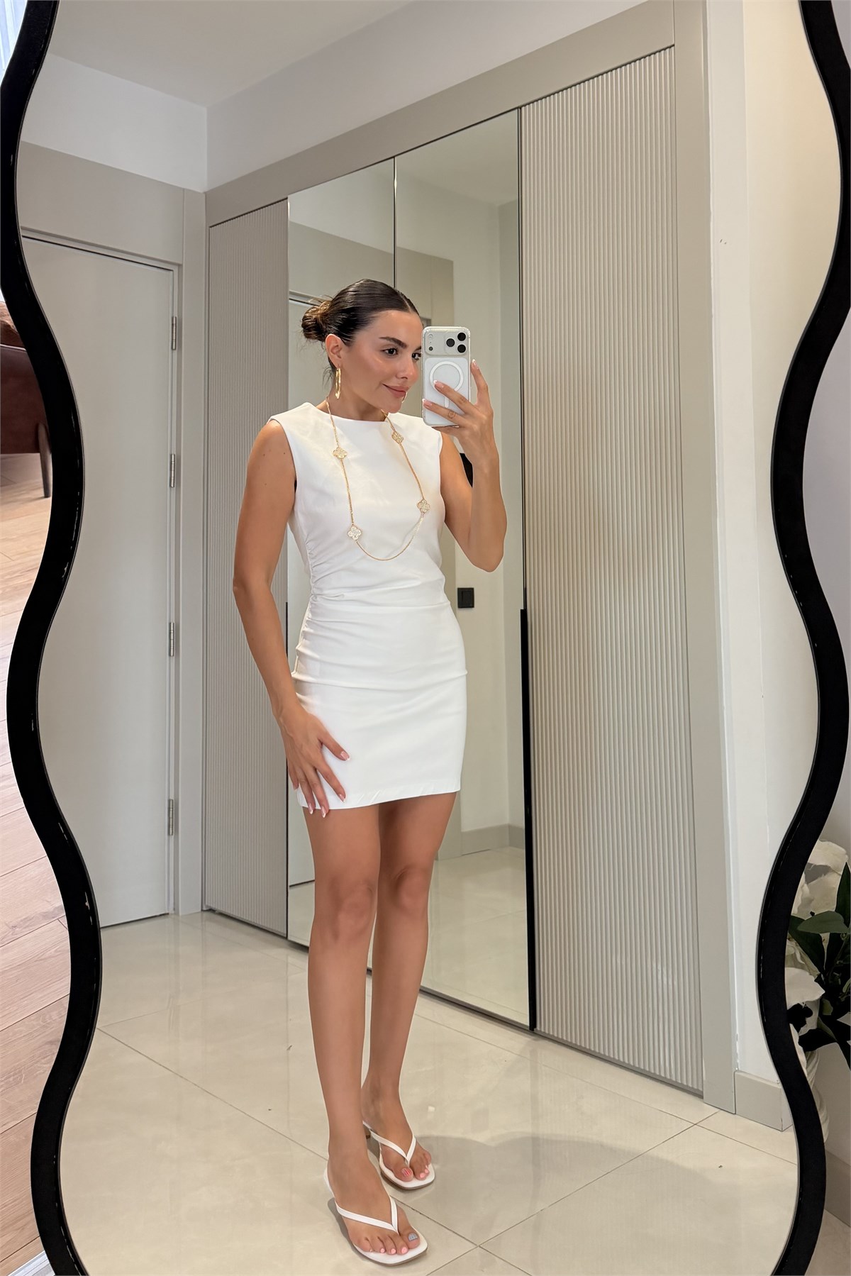 Viella Beyaz Denim Kolsuz Kısa Elbise
