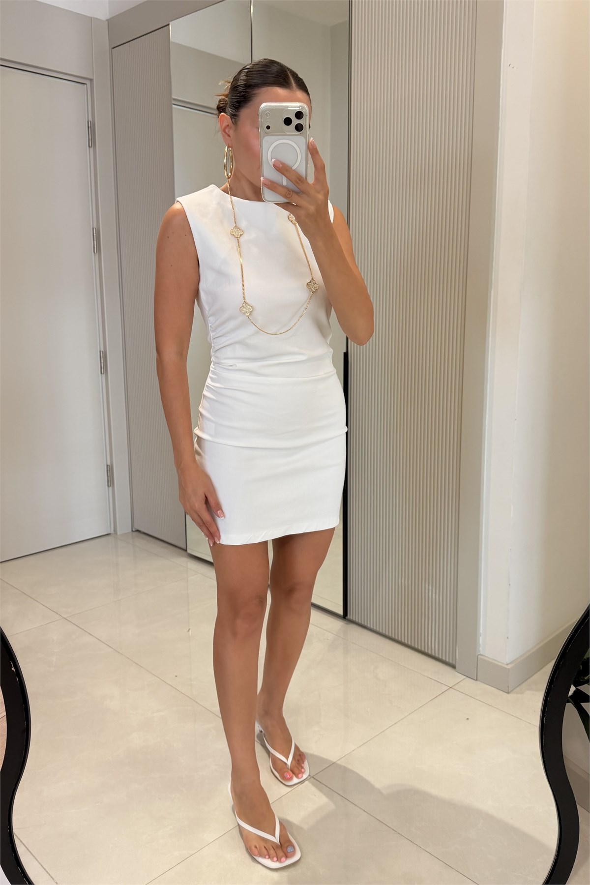 Viella Beyaz Denim Kolsuz Kısa Elbise