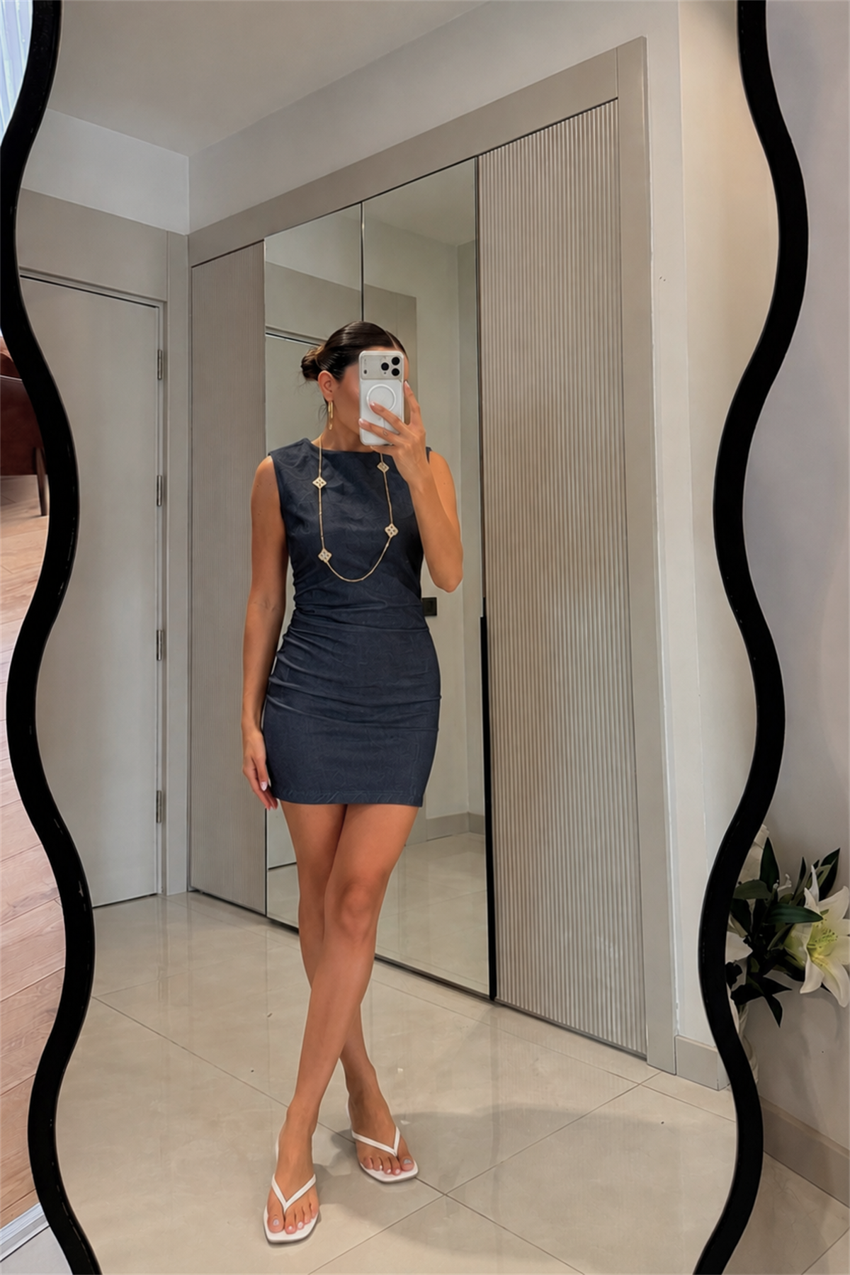 Viella Lacivert Denim Kolsuz Kısa Elbise