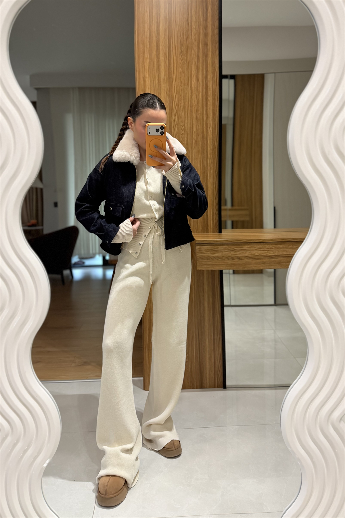 Vierce Denim Yakası Peluş Ceket