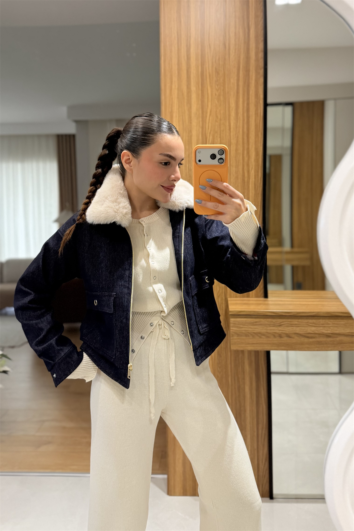 Vierce Denim Yakası Peluş Ceket