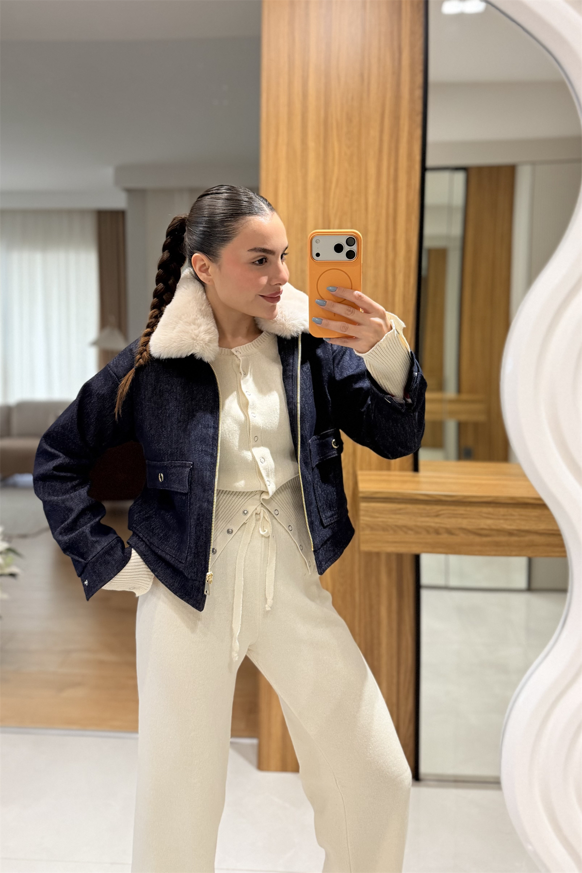 Vierce Denim Yakası Peluş Ceket