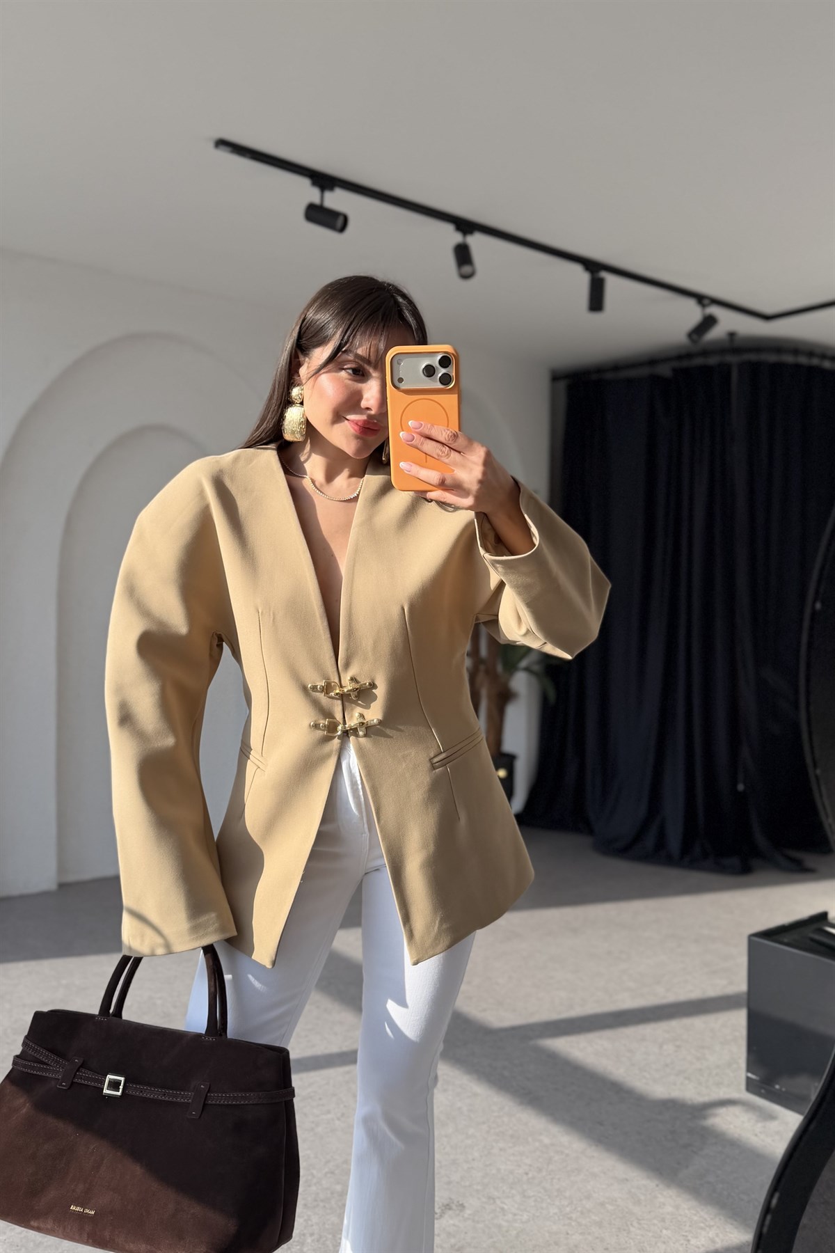 Viero Bej Gold Tokalı Modern Blazer Ceket