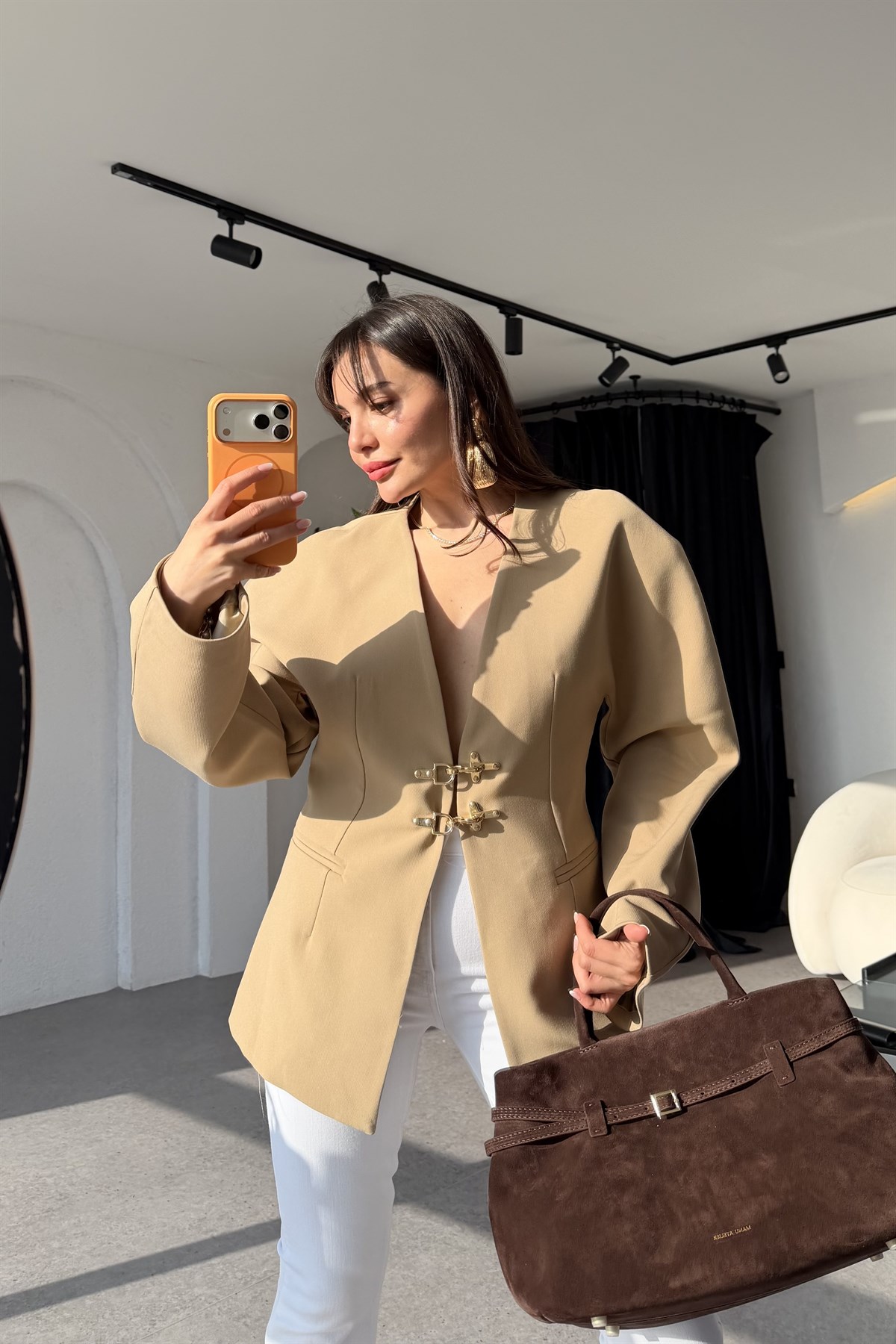Viero Bej Gold Tokalı Modern Blazer Ceket