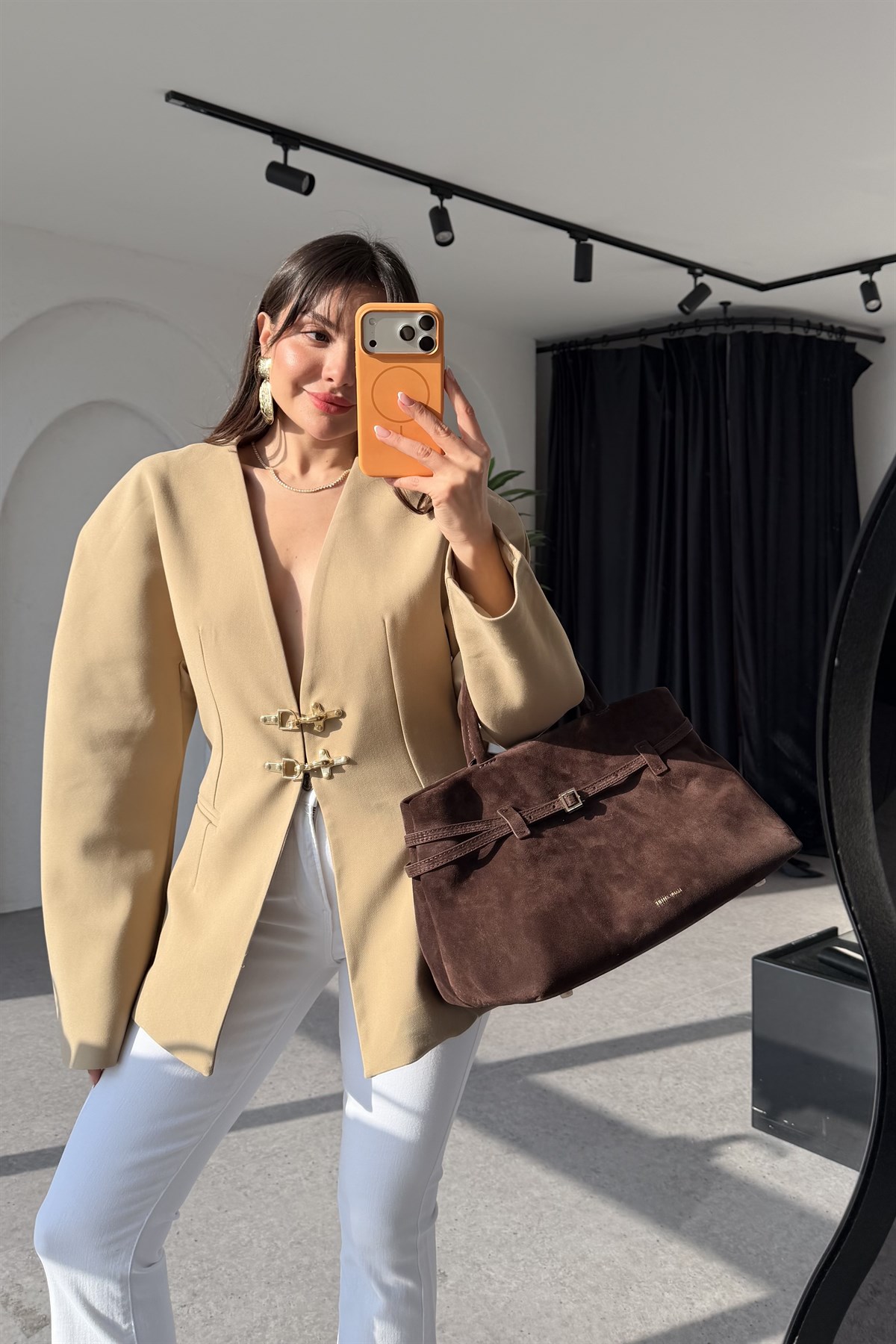 Viero Bej Gold Tokalı Modern Blazer Ceket