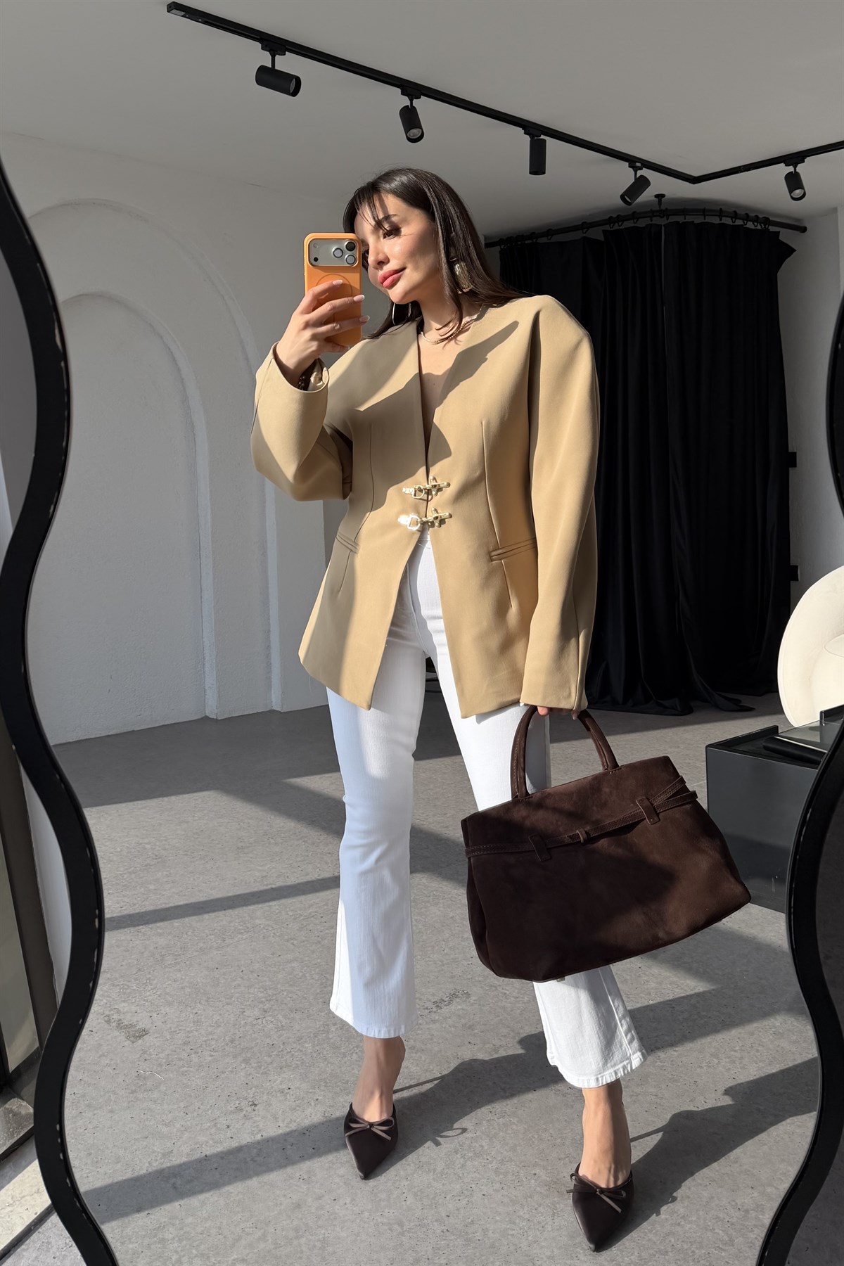 Viero Bej Gold Tokalı Modern Blazer Ceket