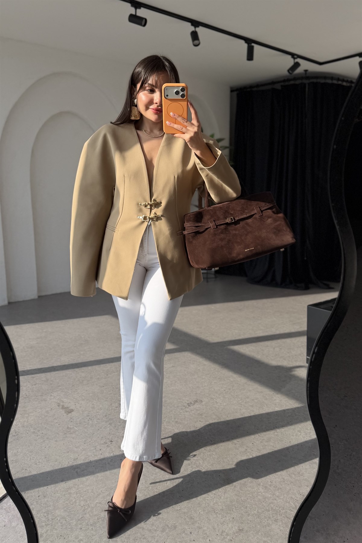 Viero Bej Gold Tokalı Modern Blazer Ceket