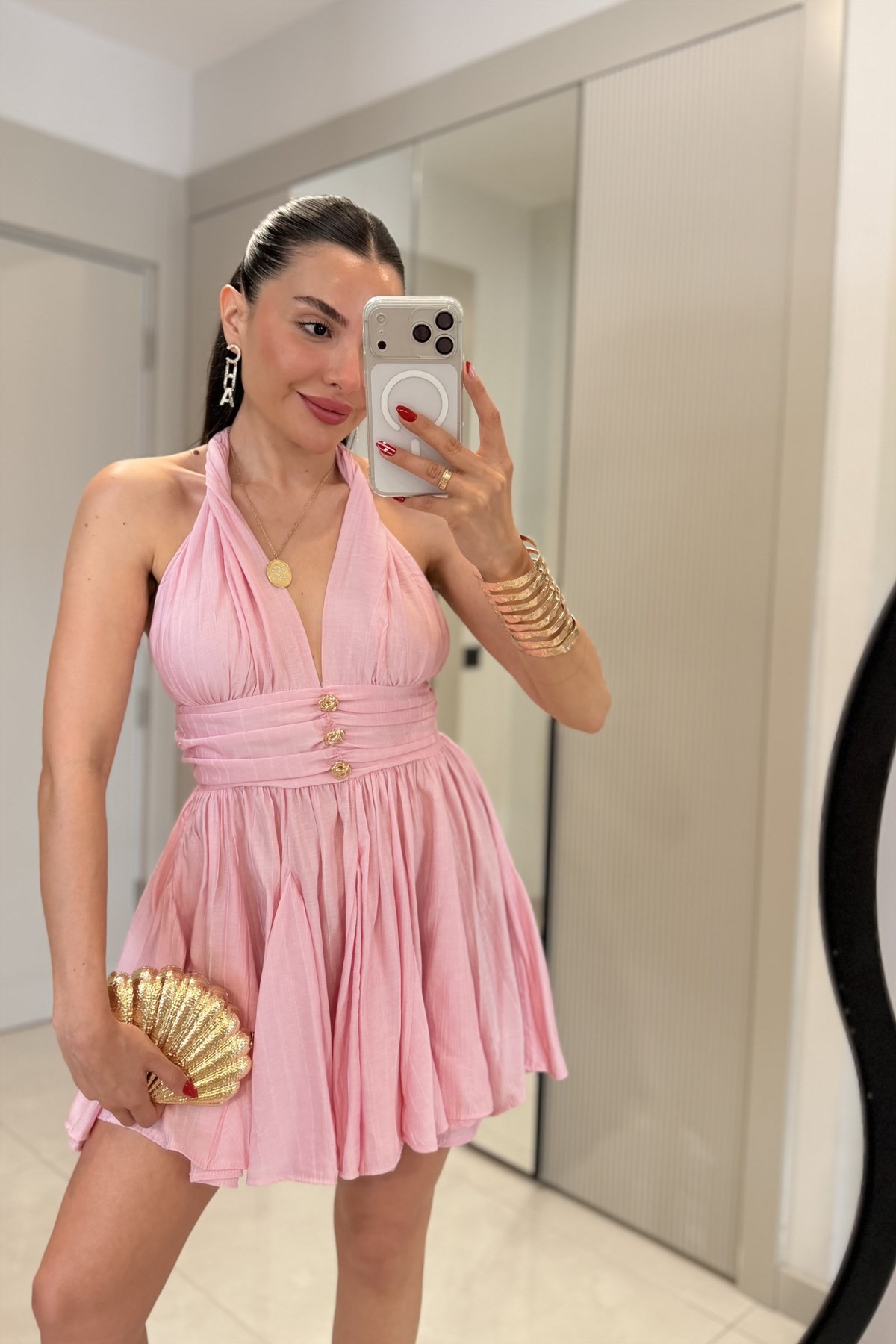 Vietnam Pembe Boyundan Bağlama Mini Elbise
