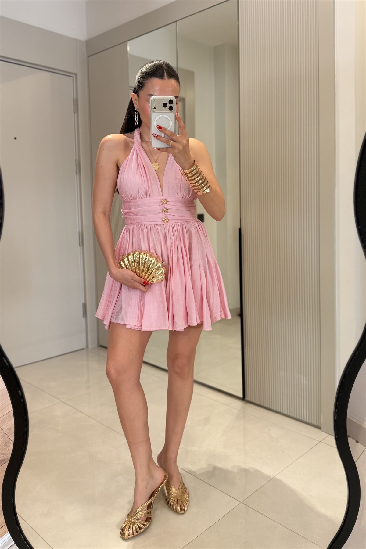 Vietnam Pembe Boyundan Bağlama Mini Elbise
