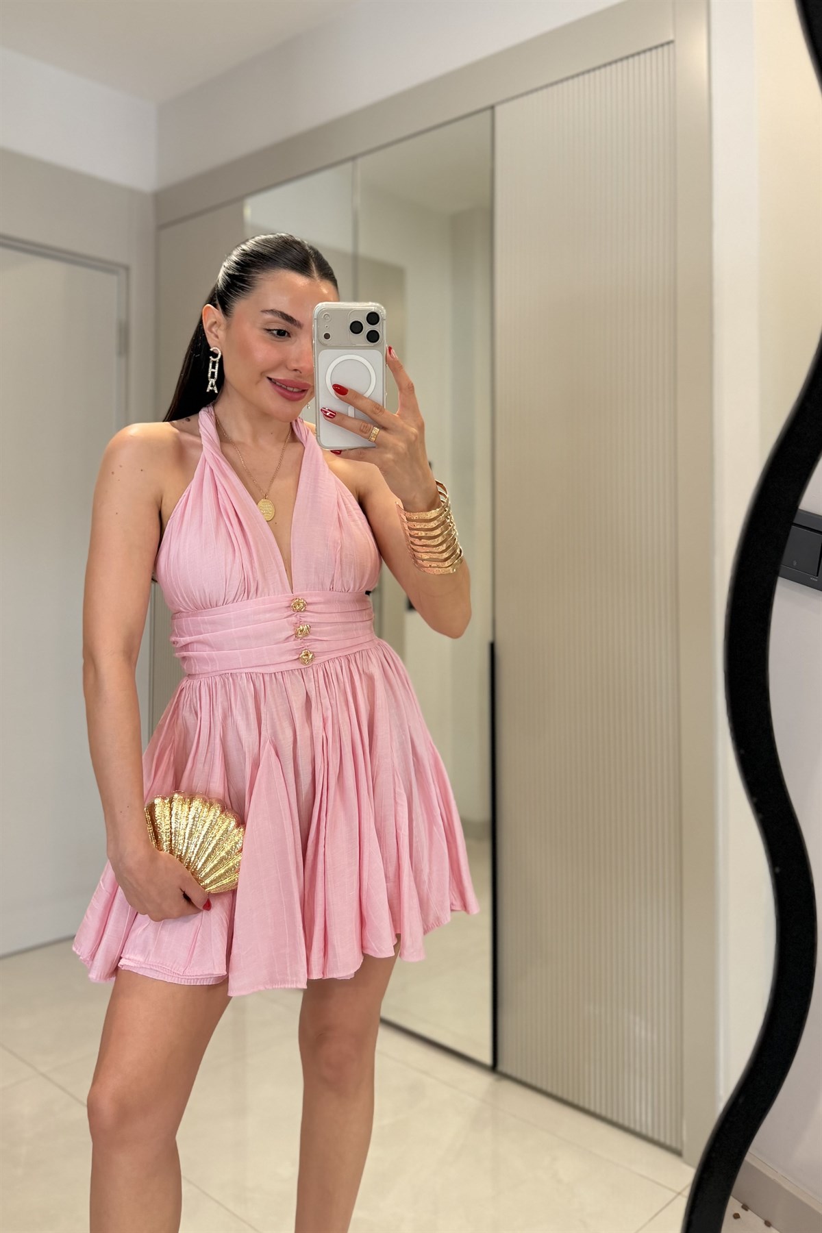 Vietnam Pembe Boyundan Bağlama Mini Elbise