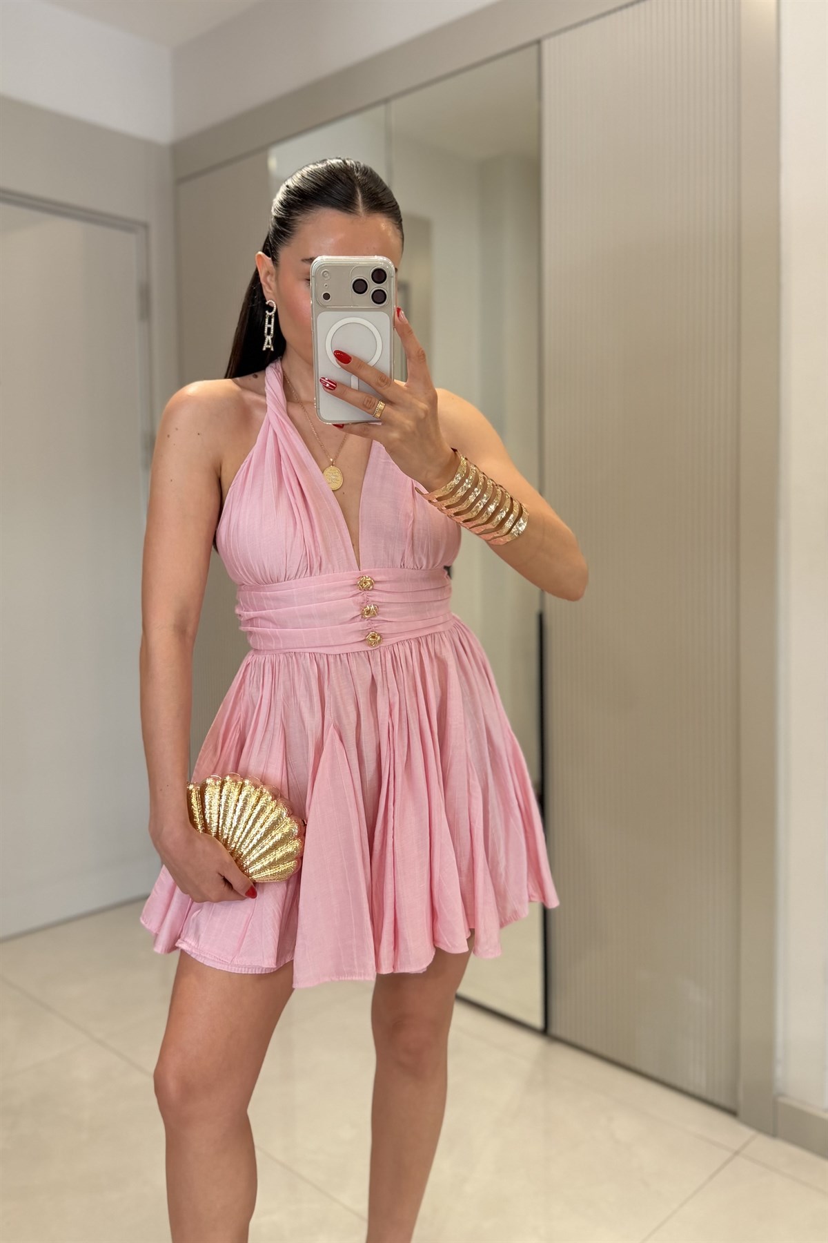 Vietnam Pembe Boyundan Bağlama Mini Elbise