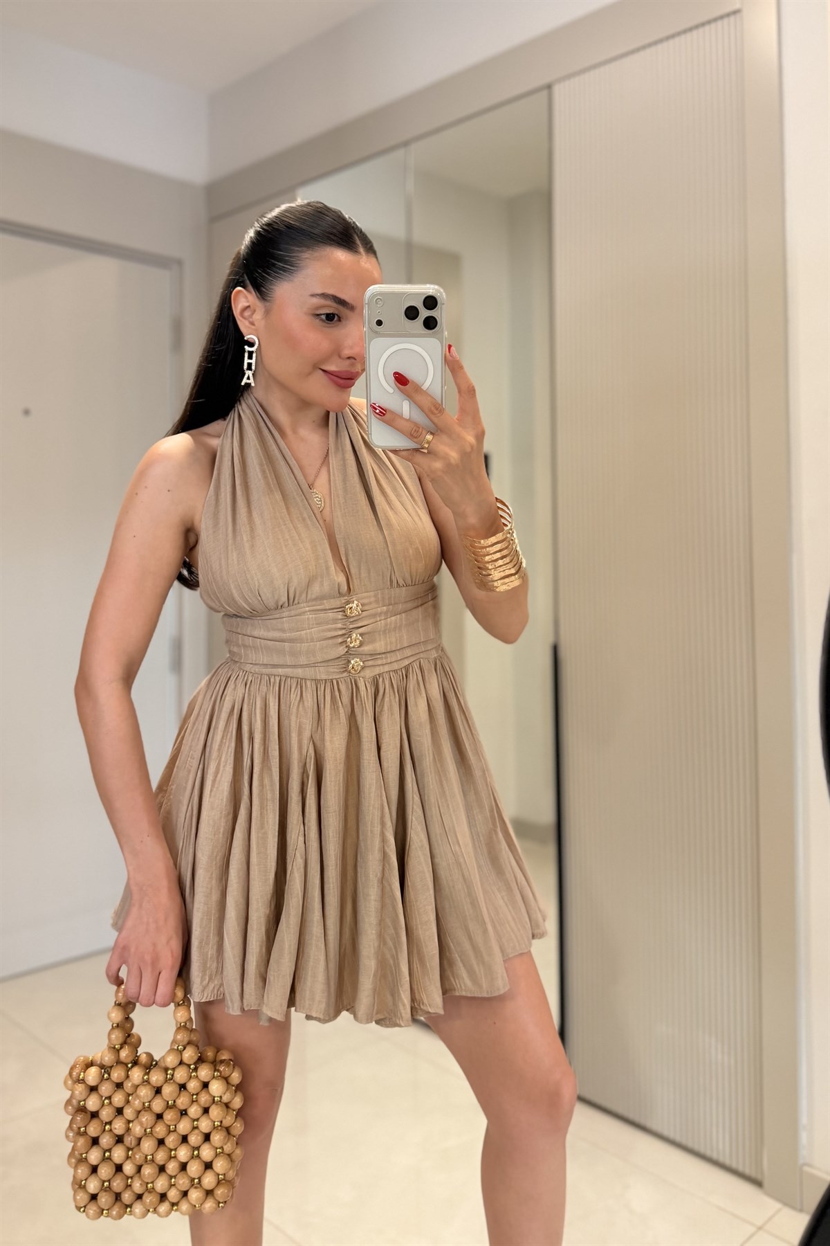 Vietnam Sütlü Kahve Boyundan Bağlama Mini Elbise