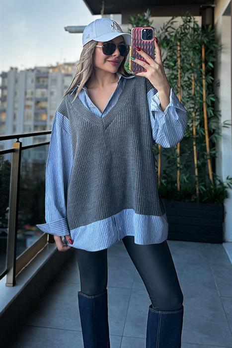 Villoso Mavi Çizgili Triko Gömlek