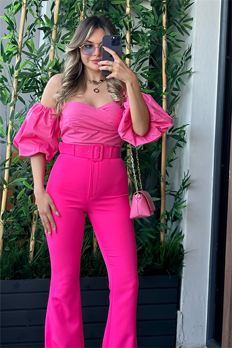 Vinny balon kol straplez crop - Pembe