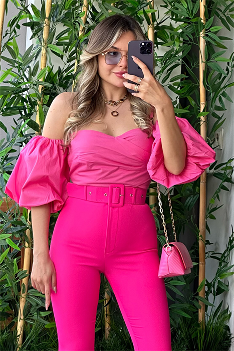 Vinny balon kol straplez crop - Pembe