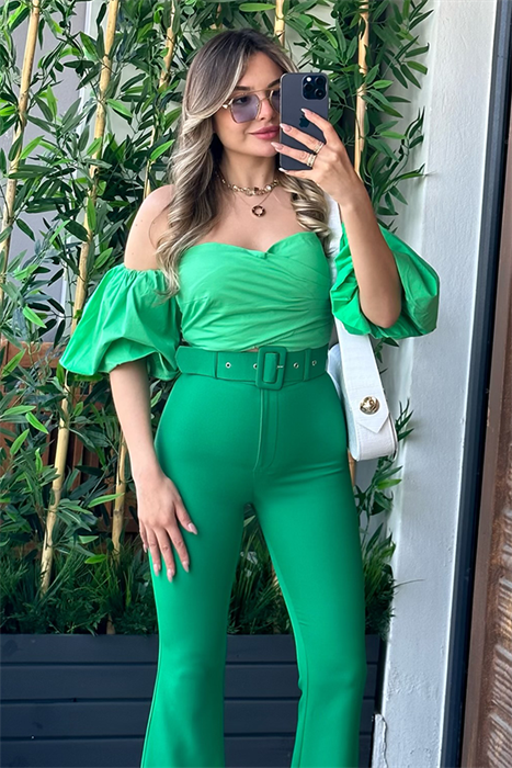 Vinny balon kol straplez crop - Yeşil