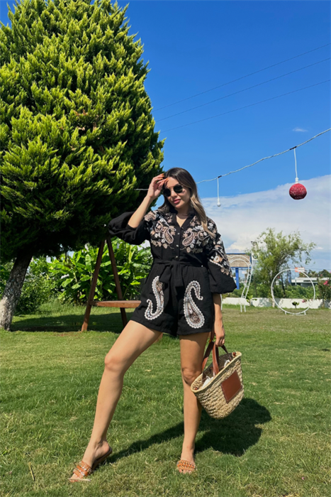 Vintage 90s full nakışlı tasarım keten tulum 