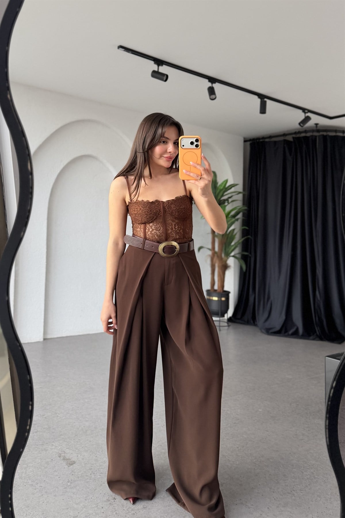Violeta Kahve Yüksek Bel Pile Detaylı Palazzo Pantolon