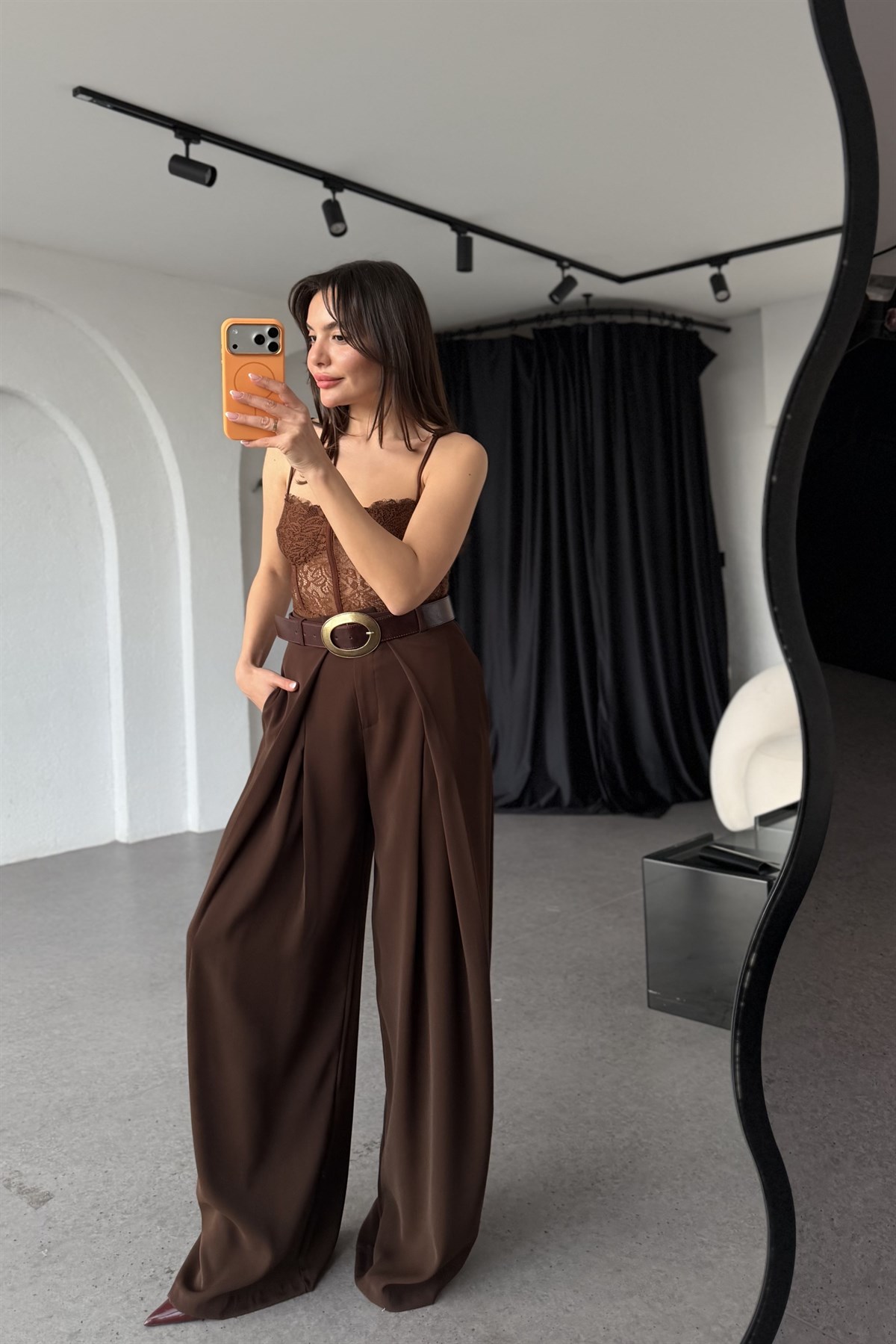 Violeta Kahve Yüksek Bel Pile Detaylı Palazzo Pantolon