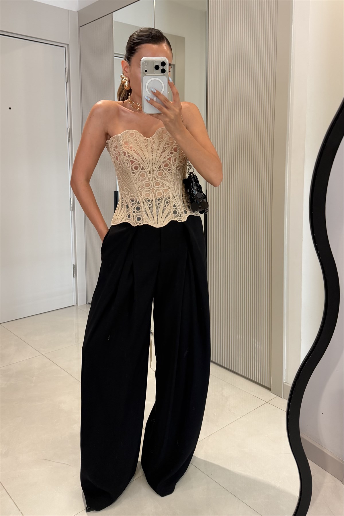 Violeta Siyah Yüksek Bel Pile Detaylı Palazzo Pantolon