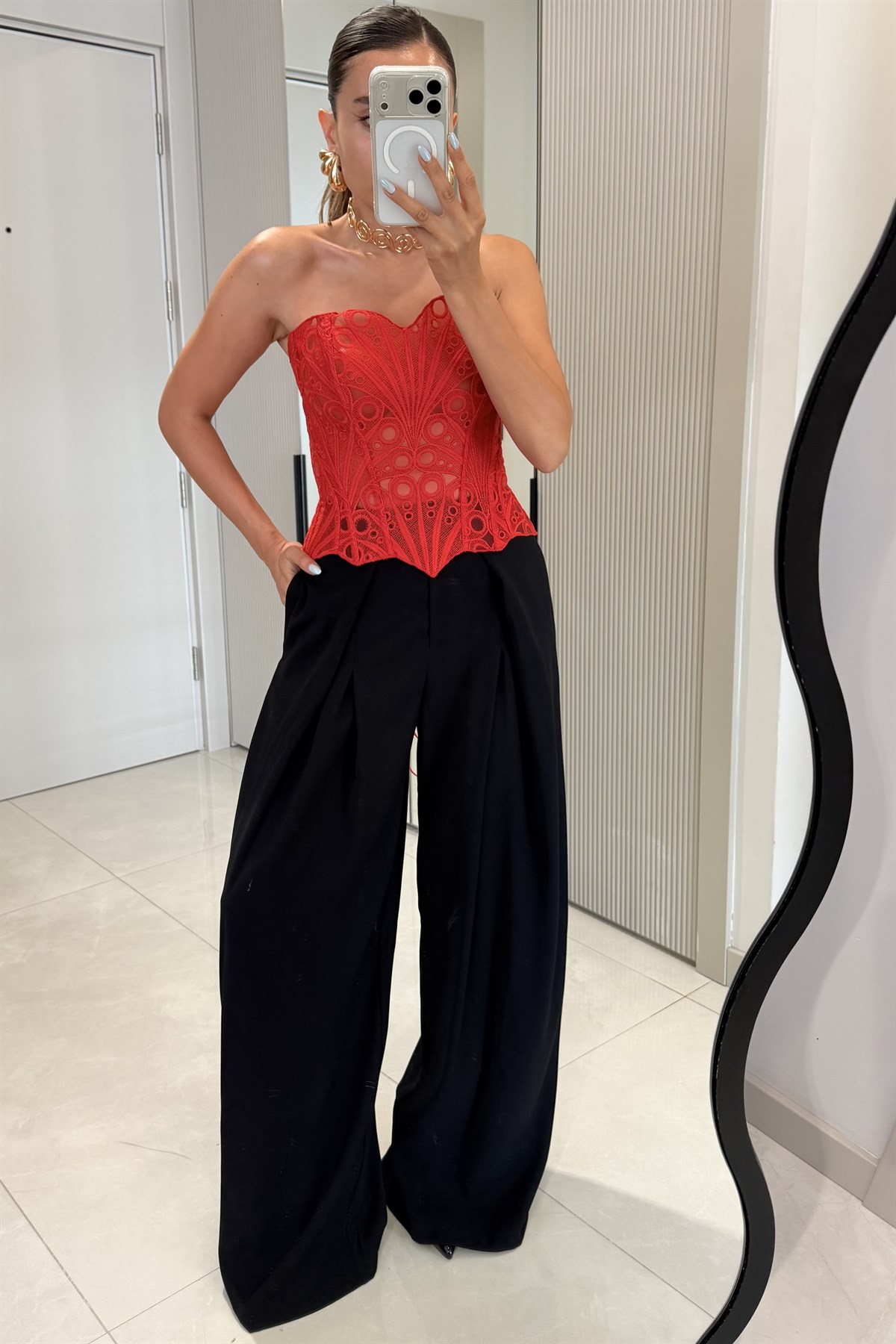 Violeta Siyah Yüksek Bel Pile Detaylı Palazzo Pantolon