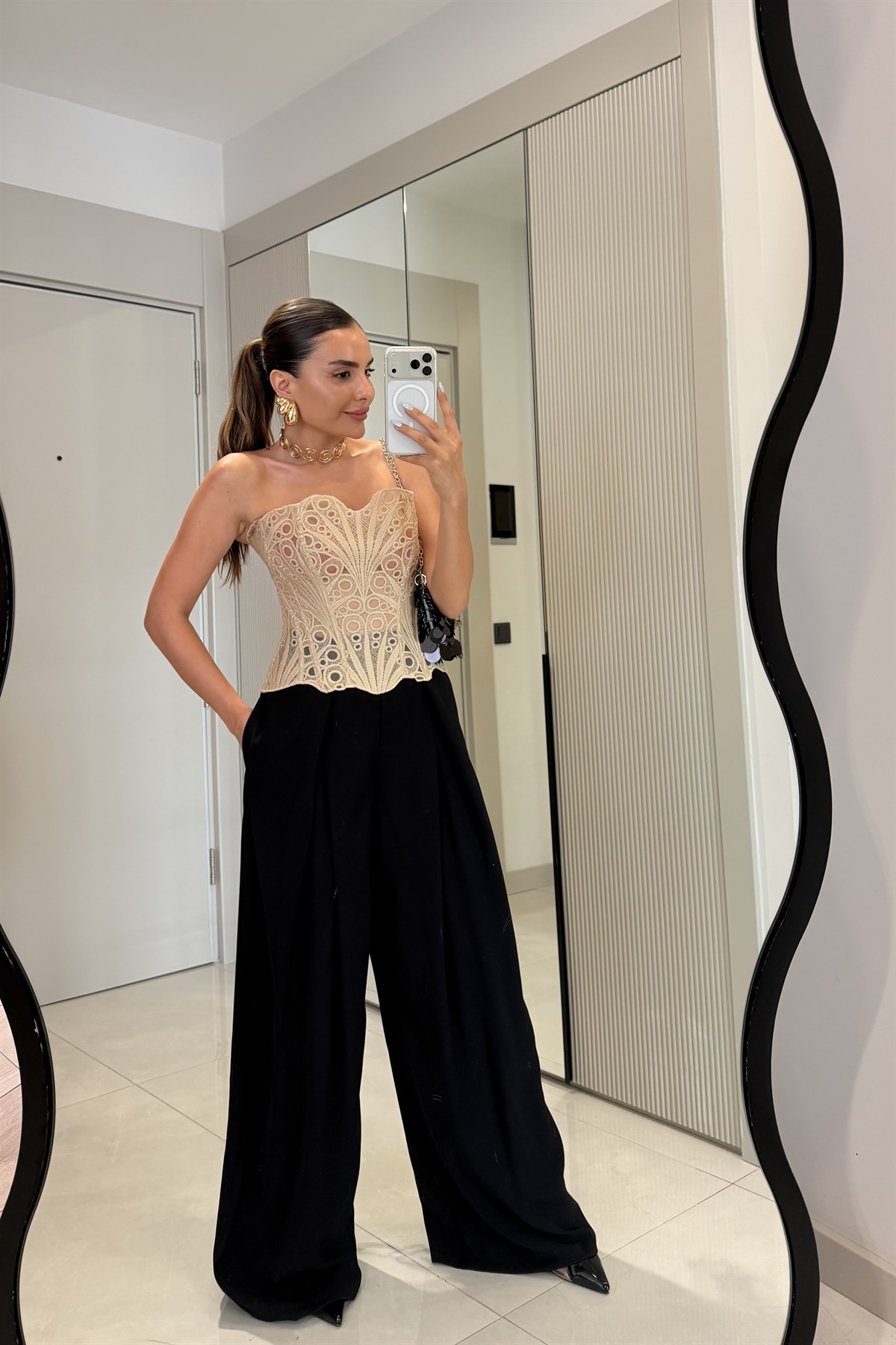 Violeta Siyah Yüksek Bel Pile Detaylı Palazzo Pantolon