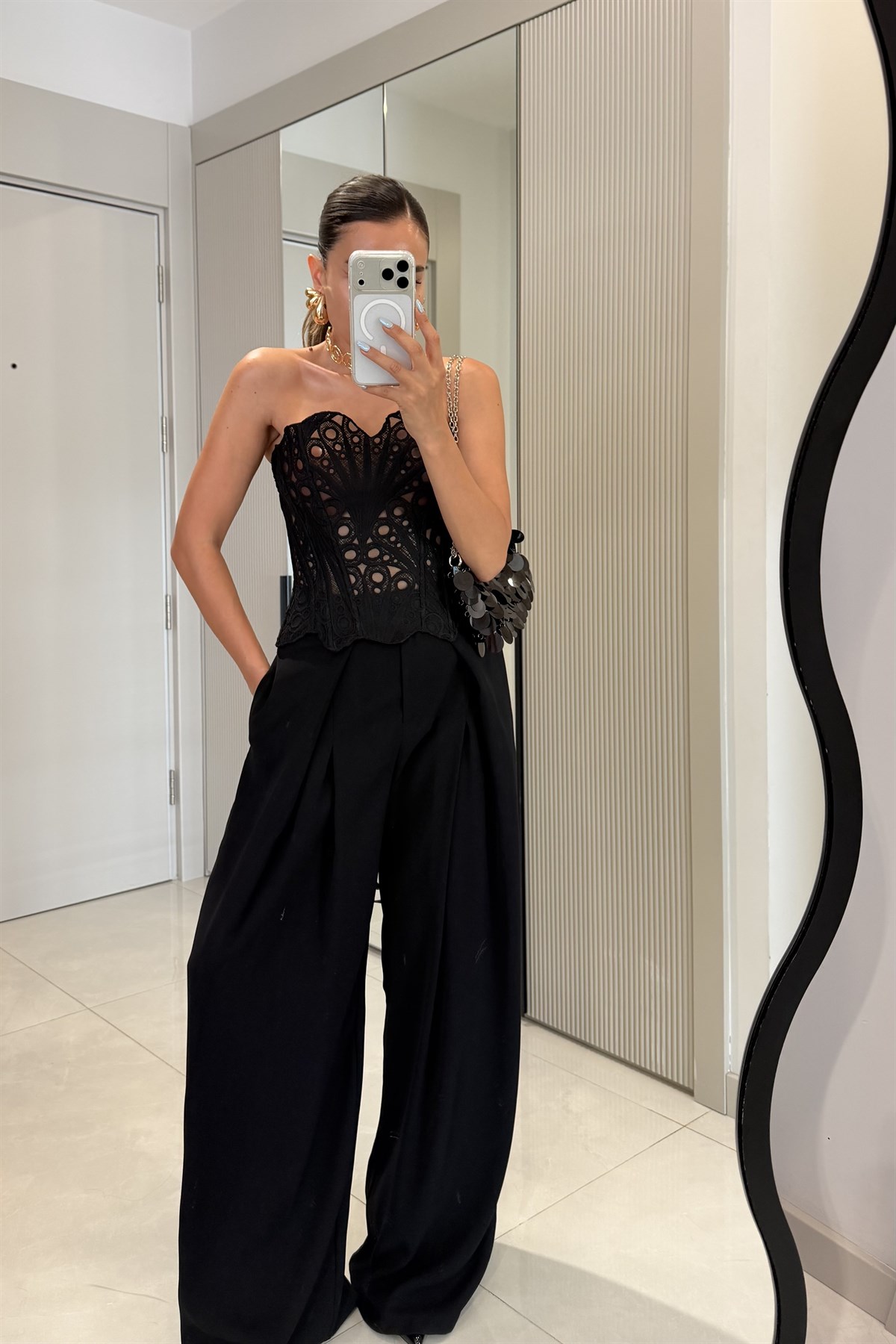 Violeta Siyah Yüksek Bel Pile Detaylı Palazzo Pantolon