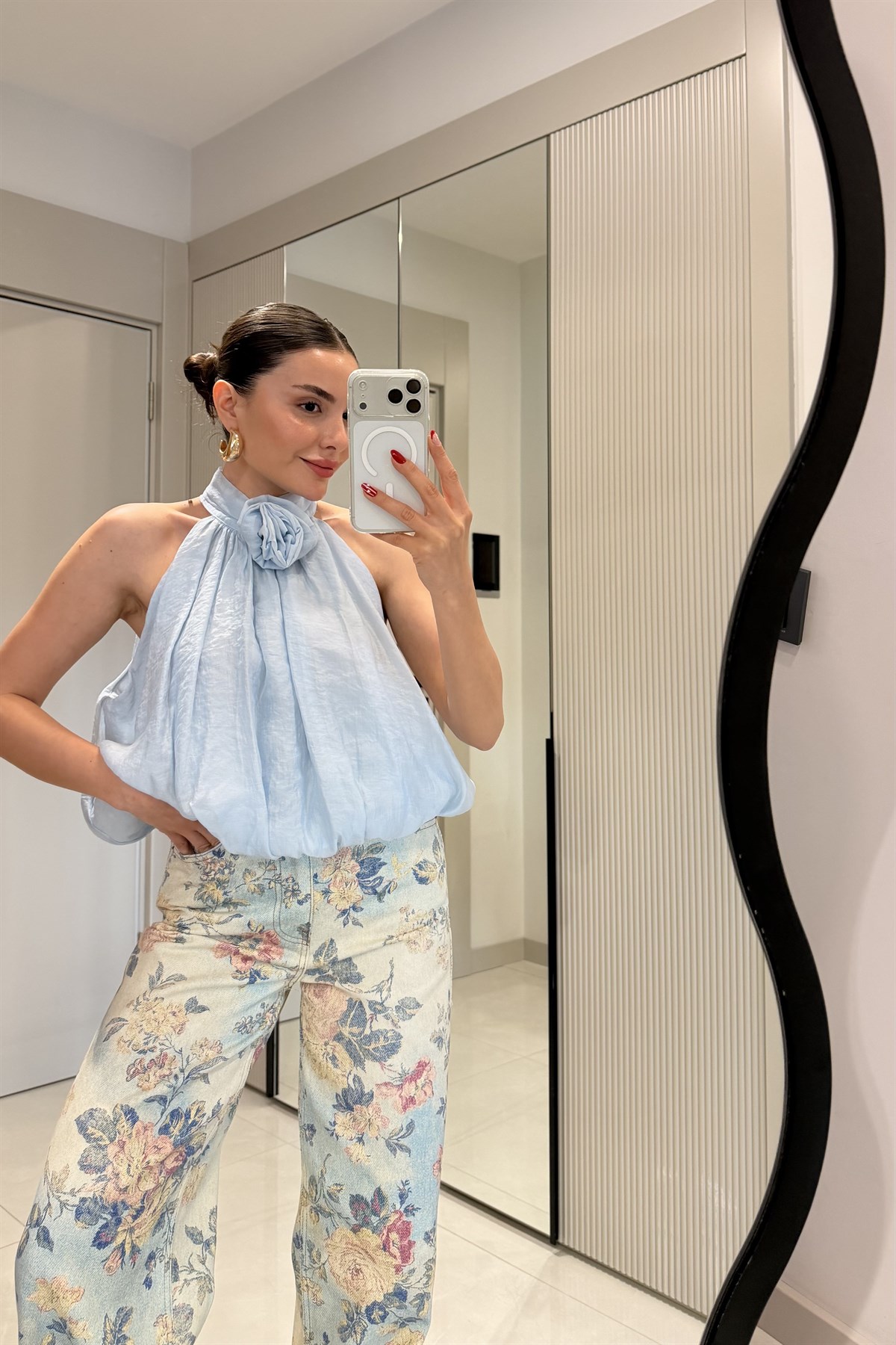 Vionce Mavi Güllü Halter Yaka Bluz