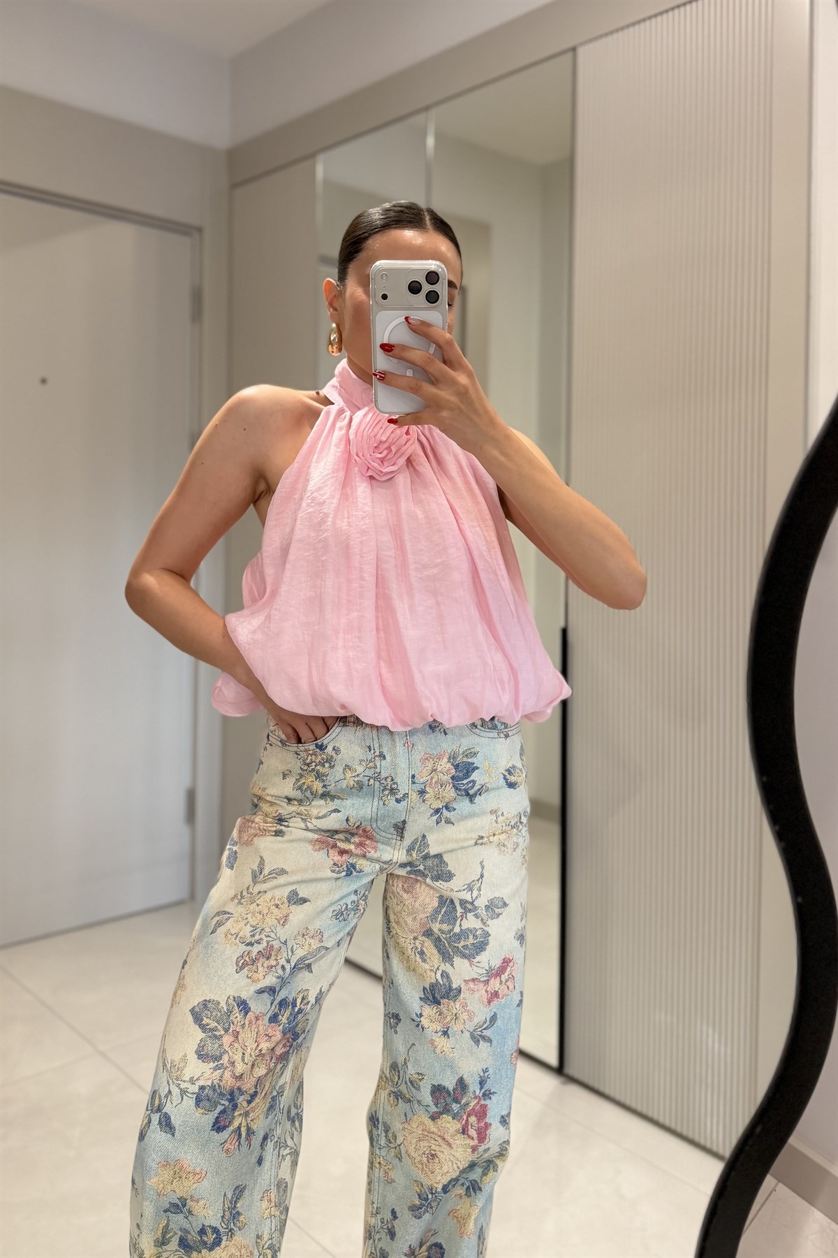 Vionce Pembe Güllü Halter Yaka Bluz