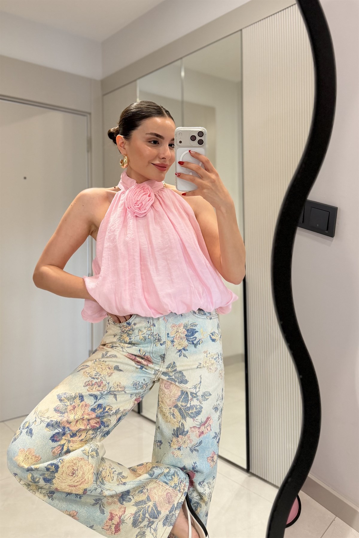 Vionce Pembe Güllü Halter Yaka Bluz