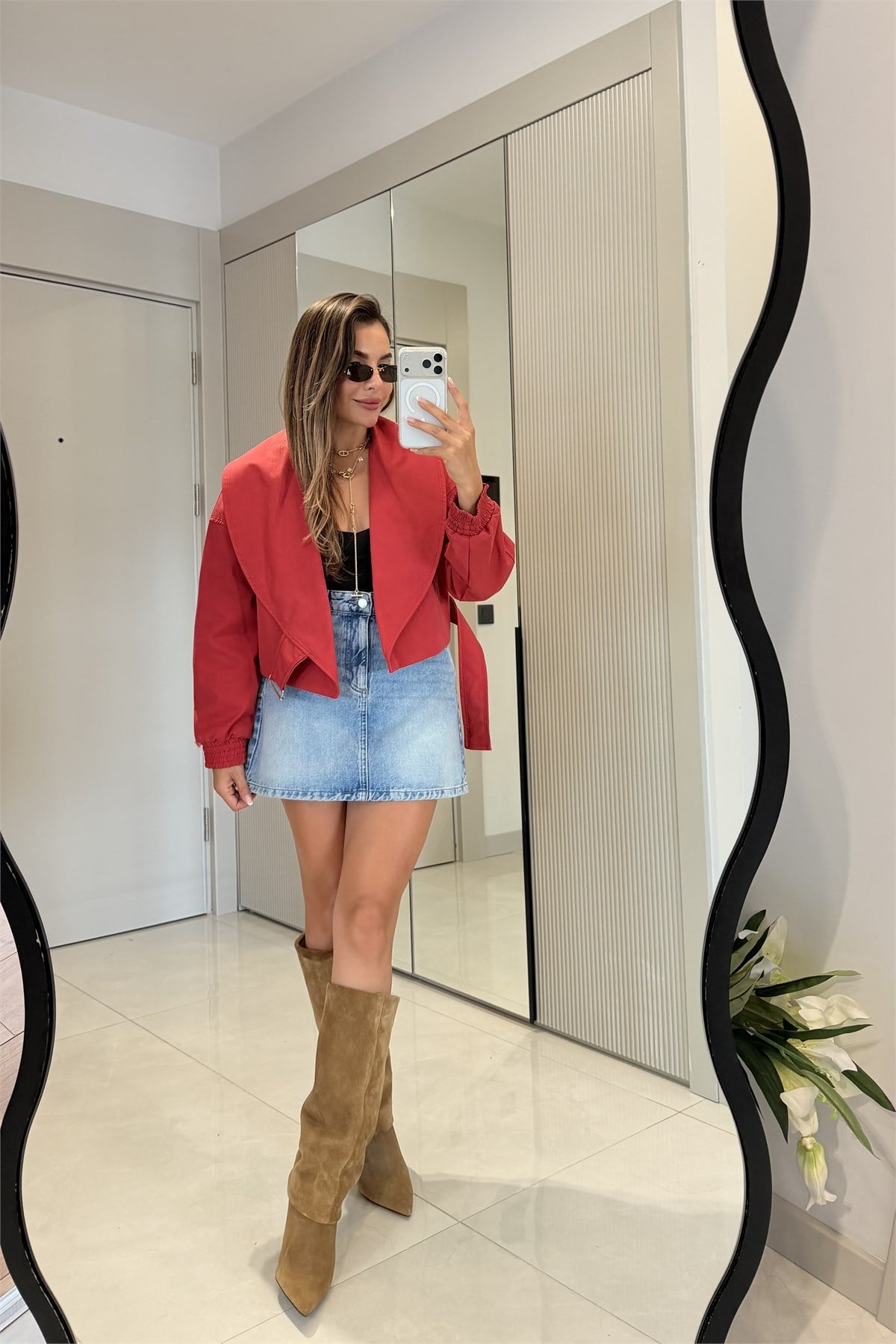 Vionna Kırmızı Kruvaze Kemerli Bomber Ceket