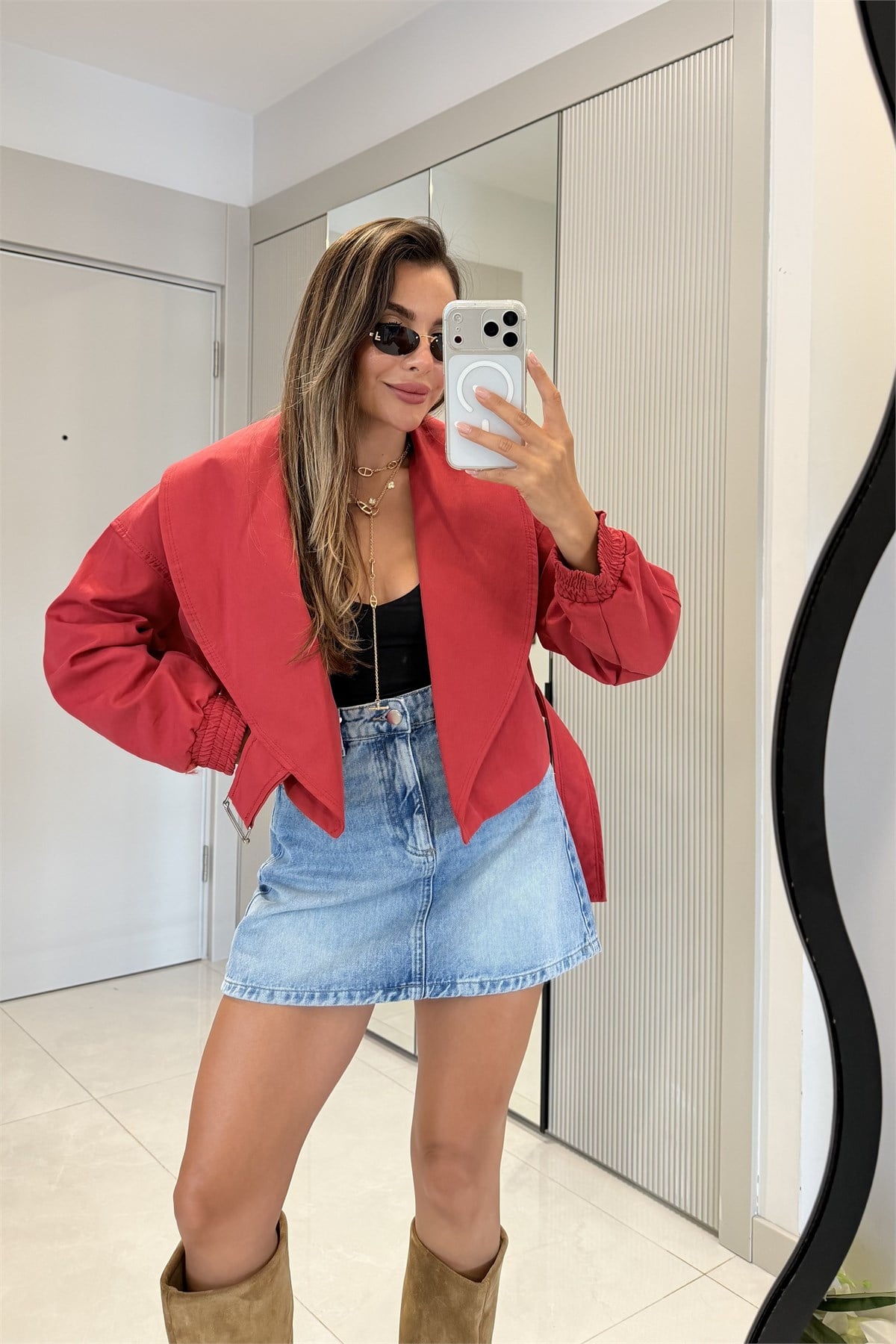 Vionna Kırmızı Kruvaze Kemerli Bomber Ceket