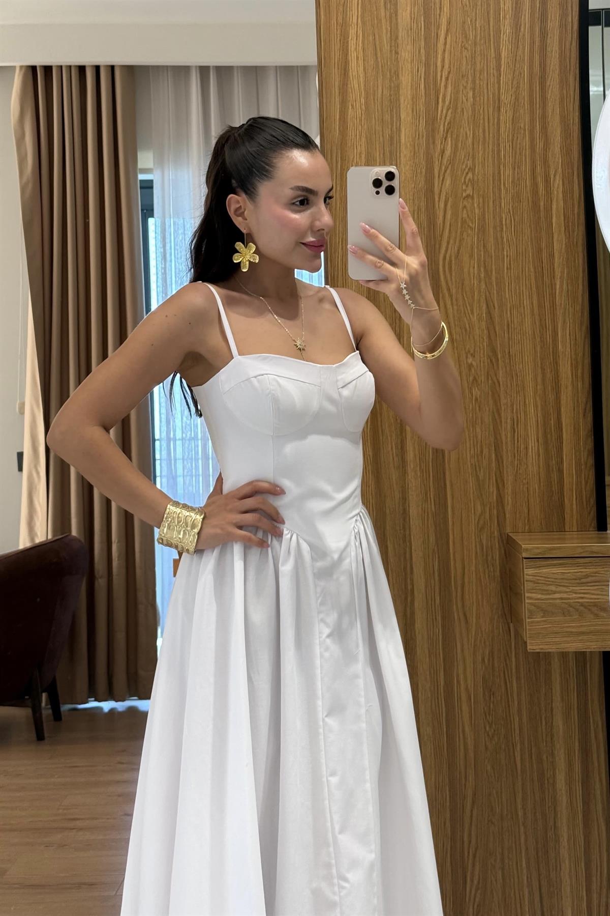 Virel Beyaz Askılı Poplin Elbise