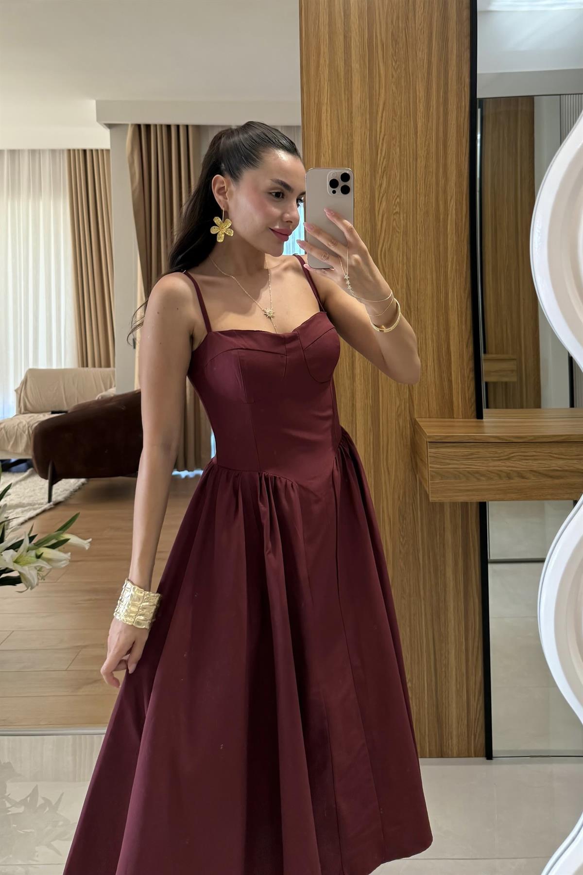 Virel Bordo Askılı Poplin Elbise