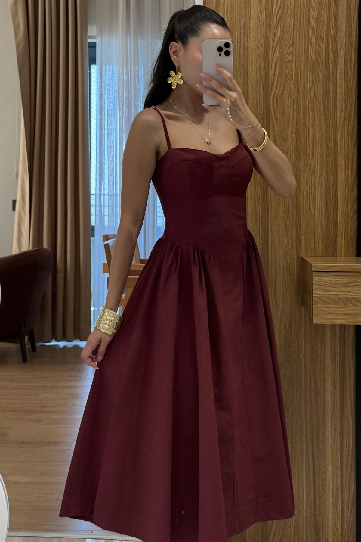 Virel Bordo Askılı Poplin Elbise