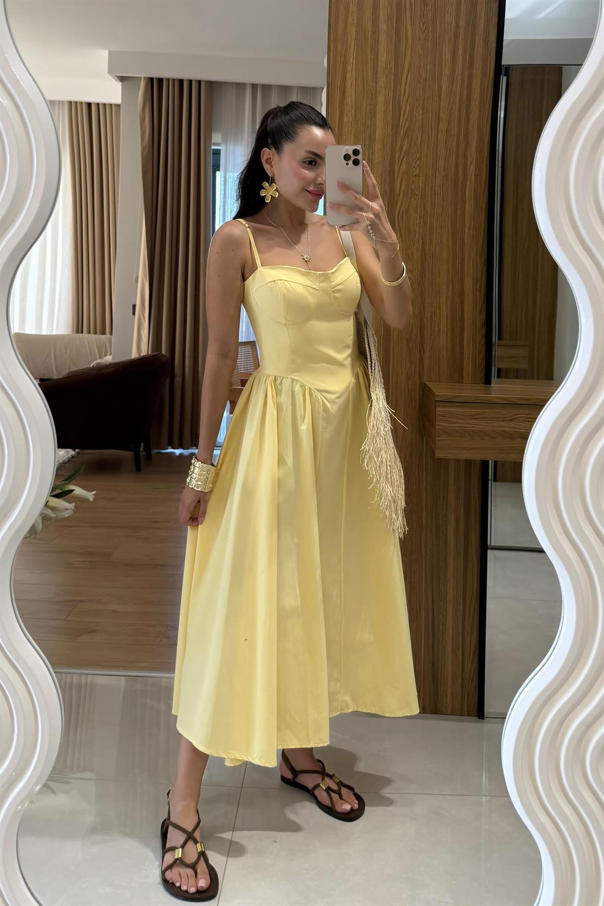 Virel Sarı Askılı Poplin Elbise