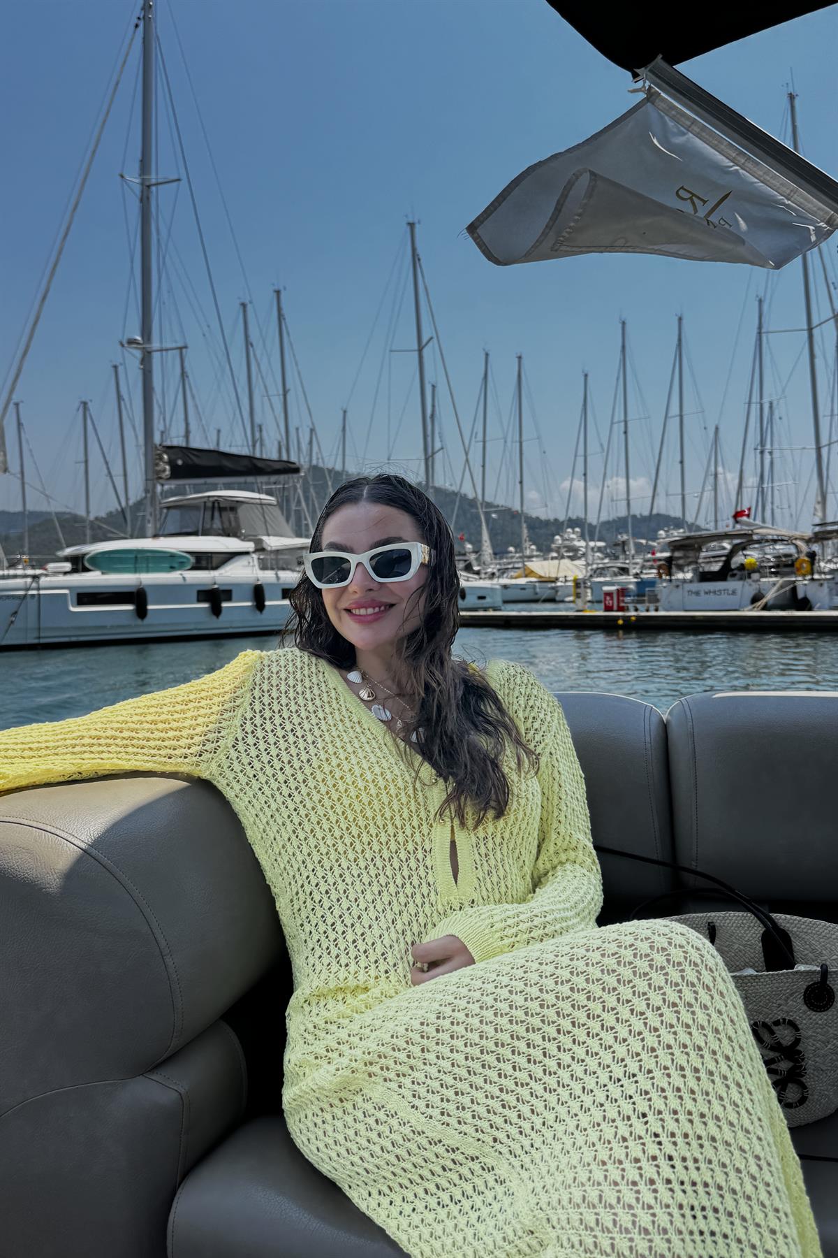 Visal Sarı Ajurlu Plaj Elbisesi