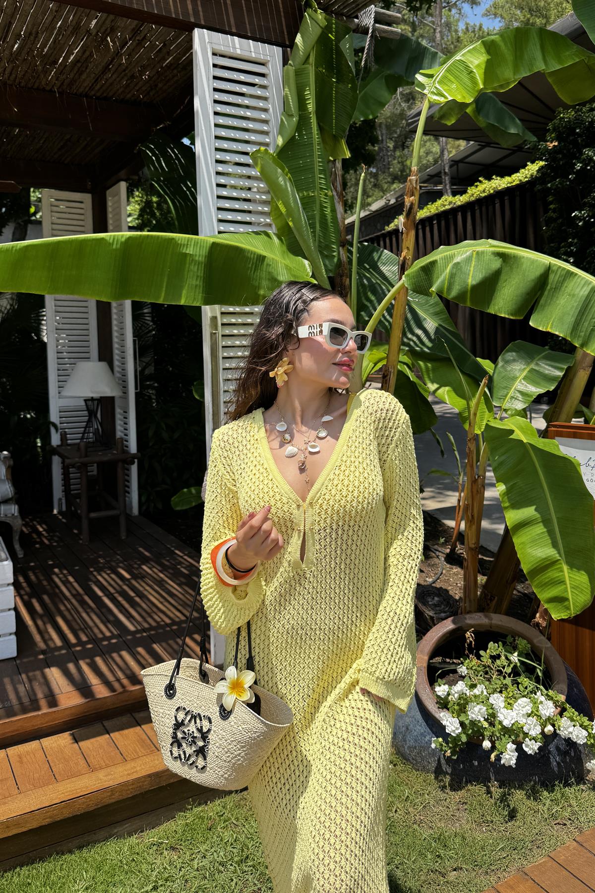 Visal Sarı Ajurlu Plaj Elbisesi