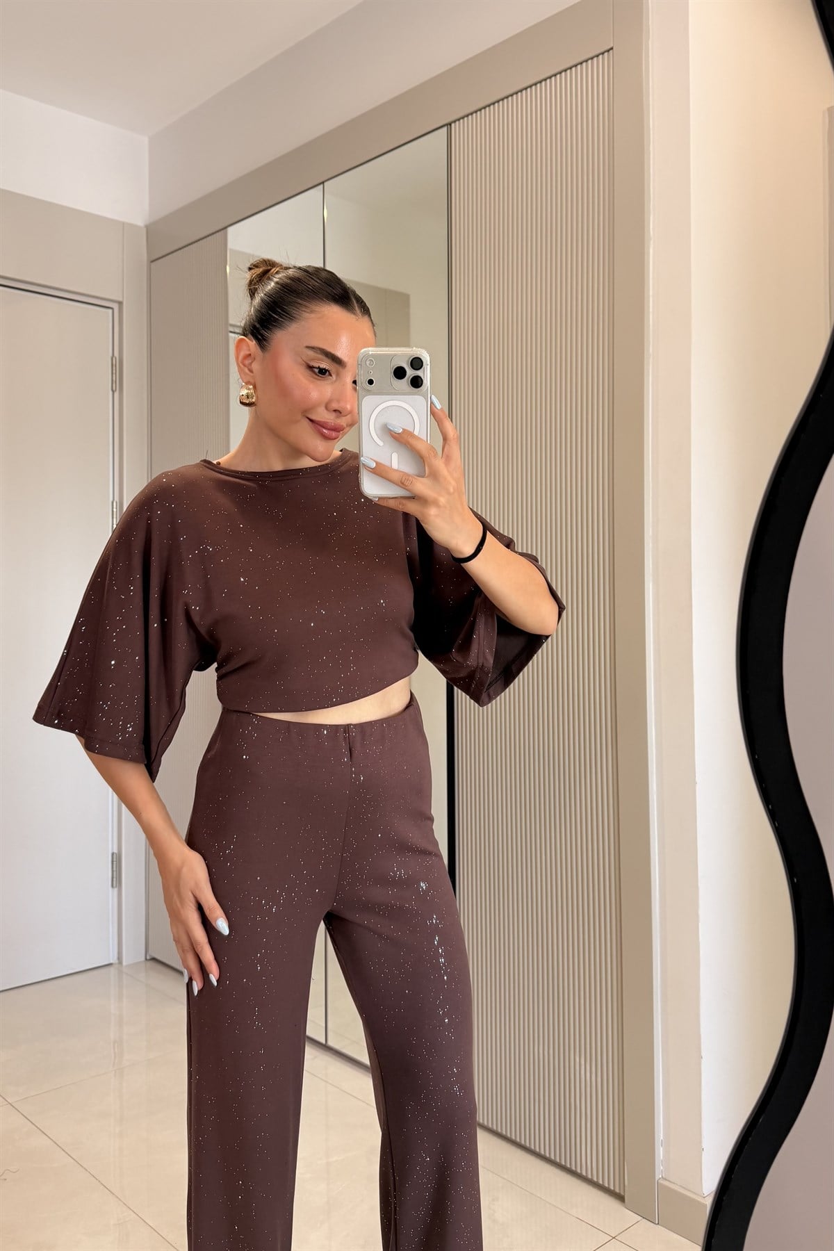 Visha Kahve Modal Simli Takım