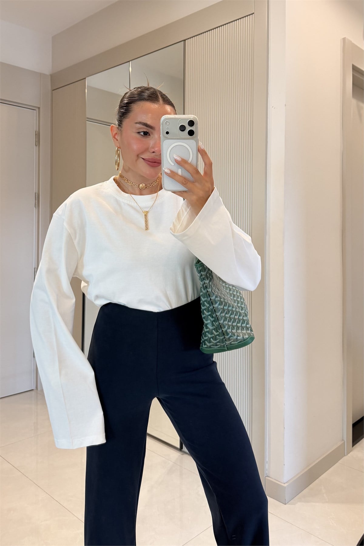 Visual Beyaz Uzun Kollu Basic Tshirt