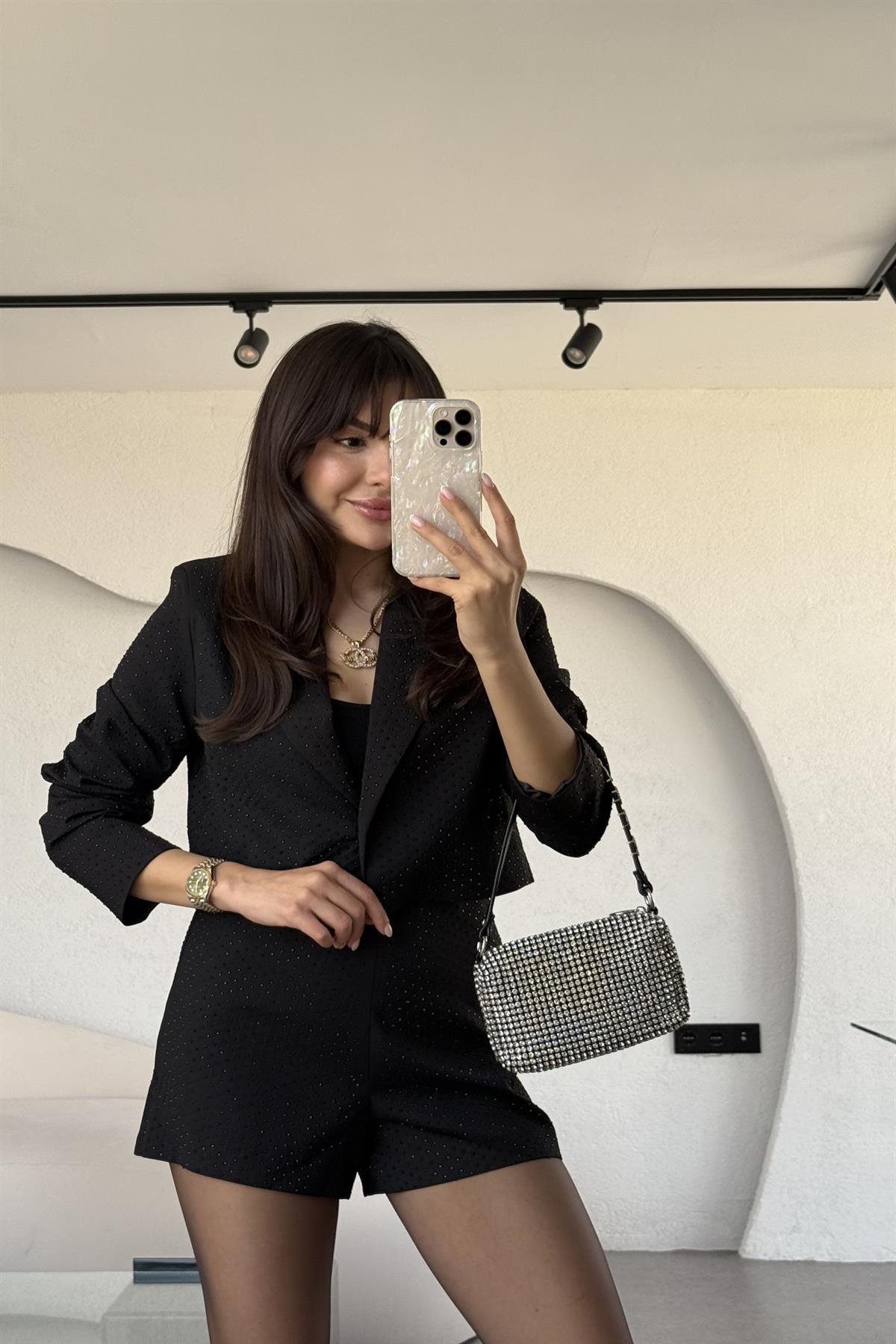 Vitaluxe Taşlı Siyah Şortlu Takım