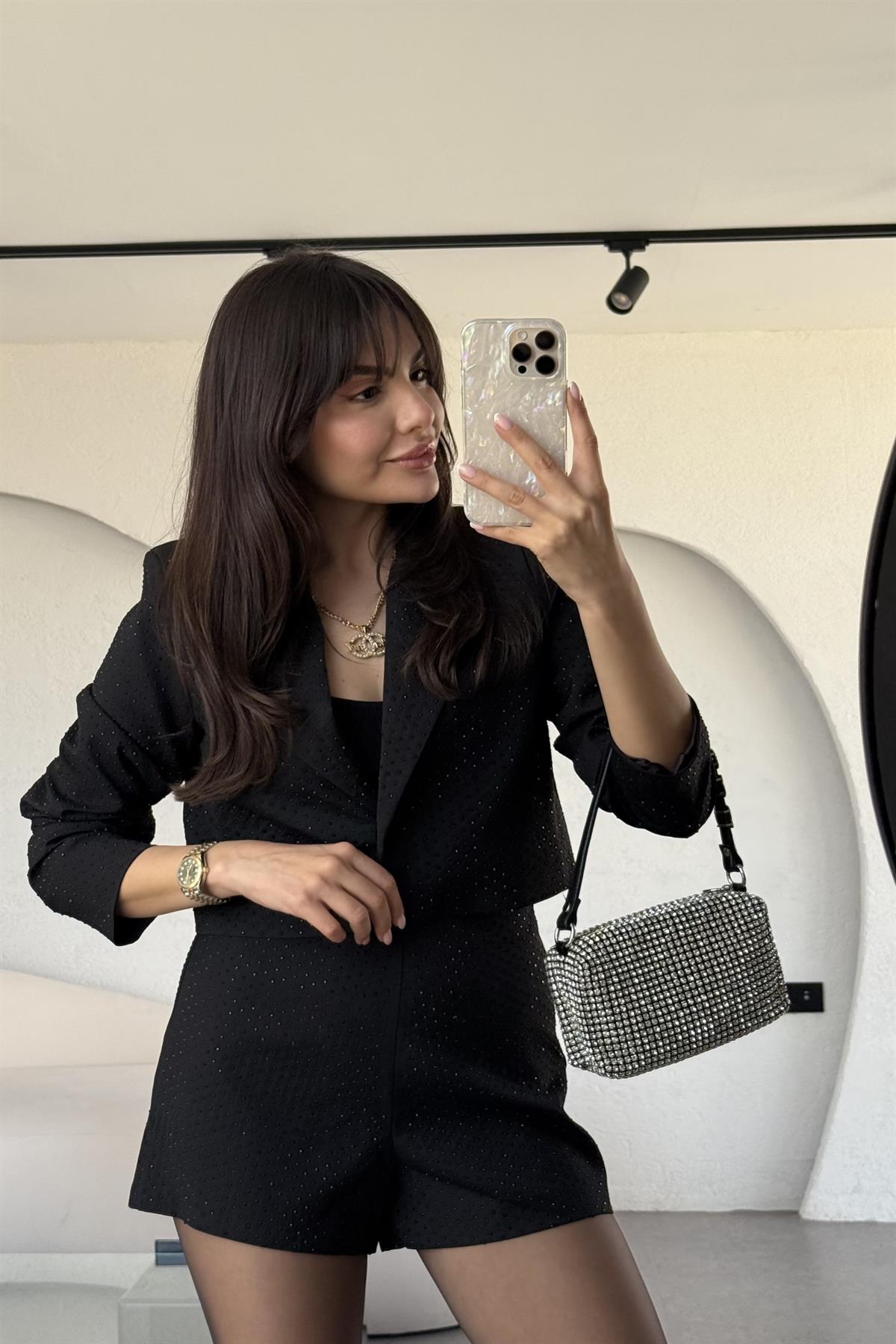 Vitaluxe Taşlı Siyah Şortlu Takım