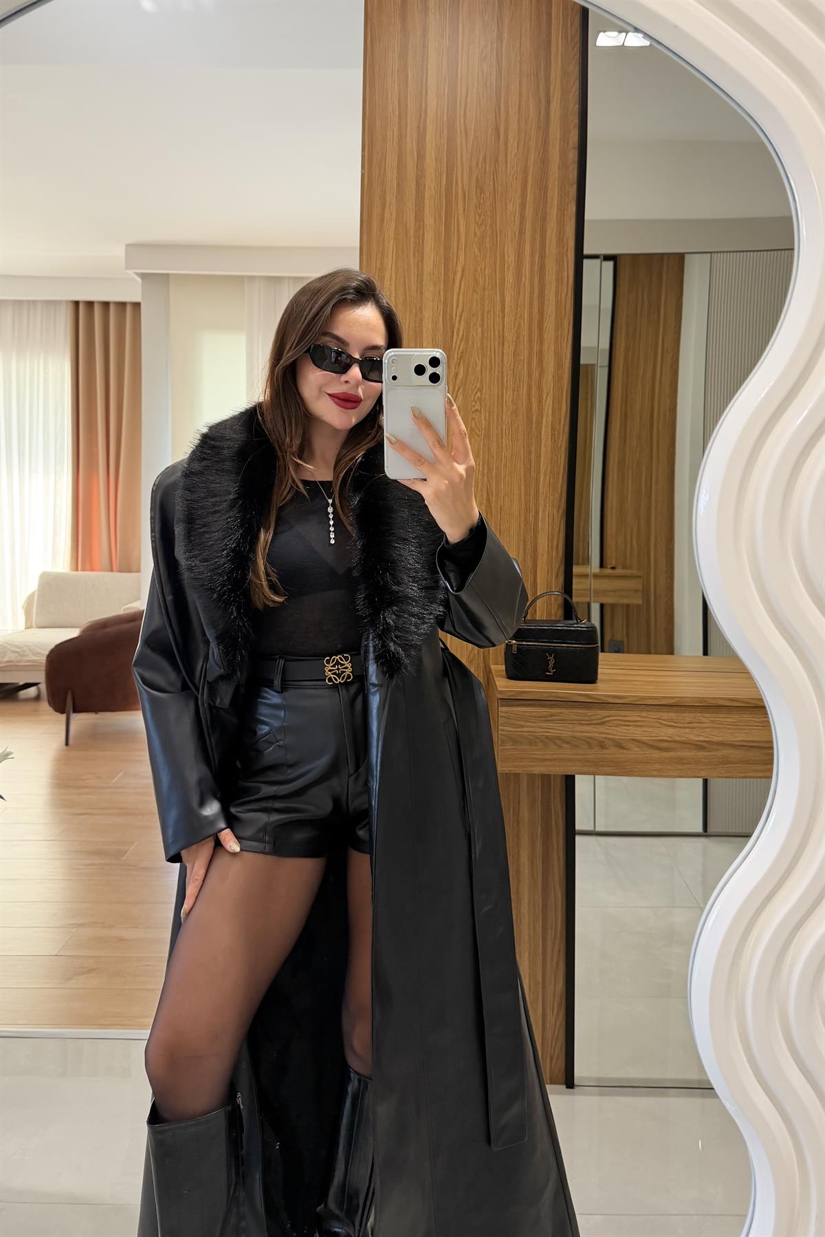 Vitela Siyah Deri Premium Trenç