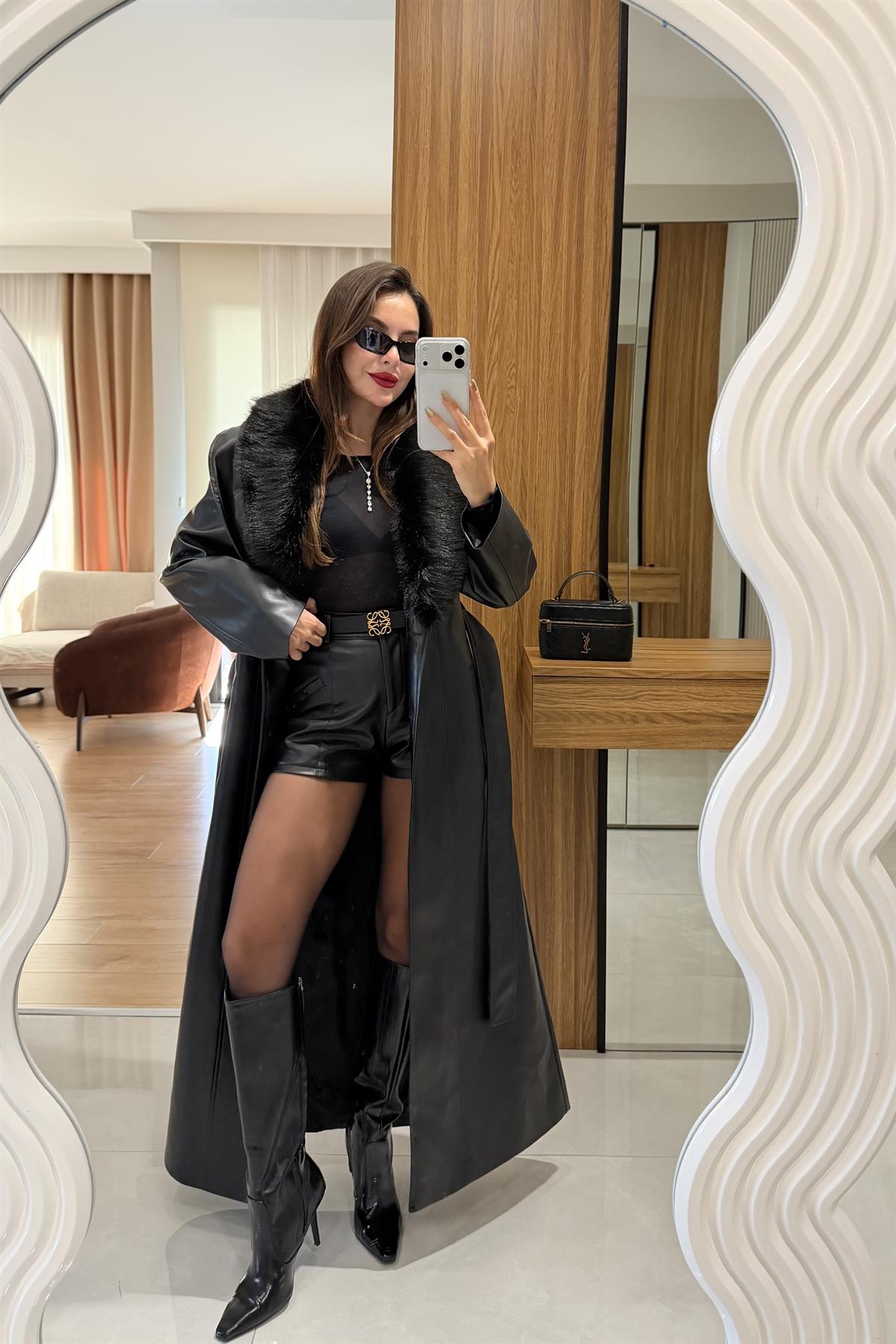 Vitela Siyah Deri Premium Trenç